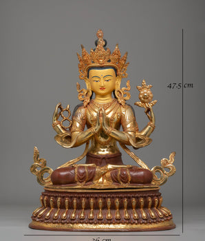 Handcrafted Chenrezig Golden Statue | Tibetan Buddhist Deity