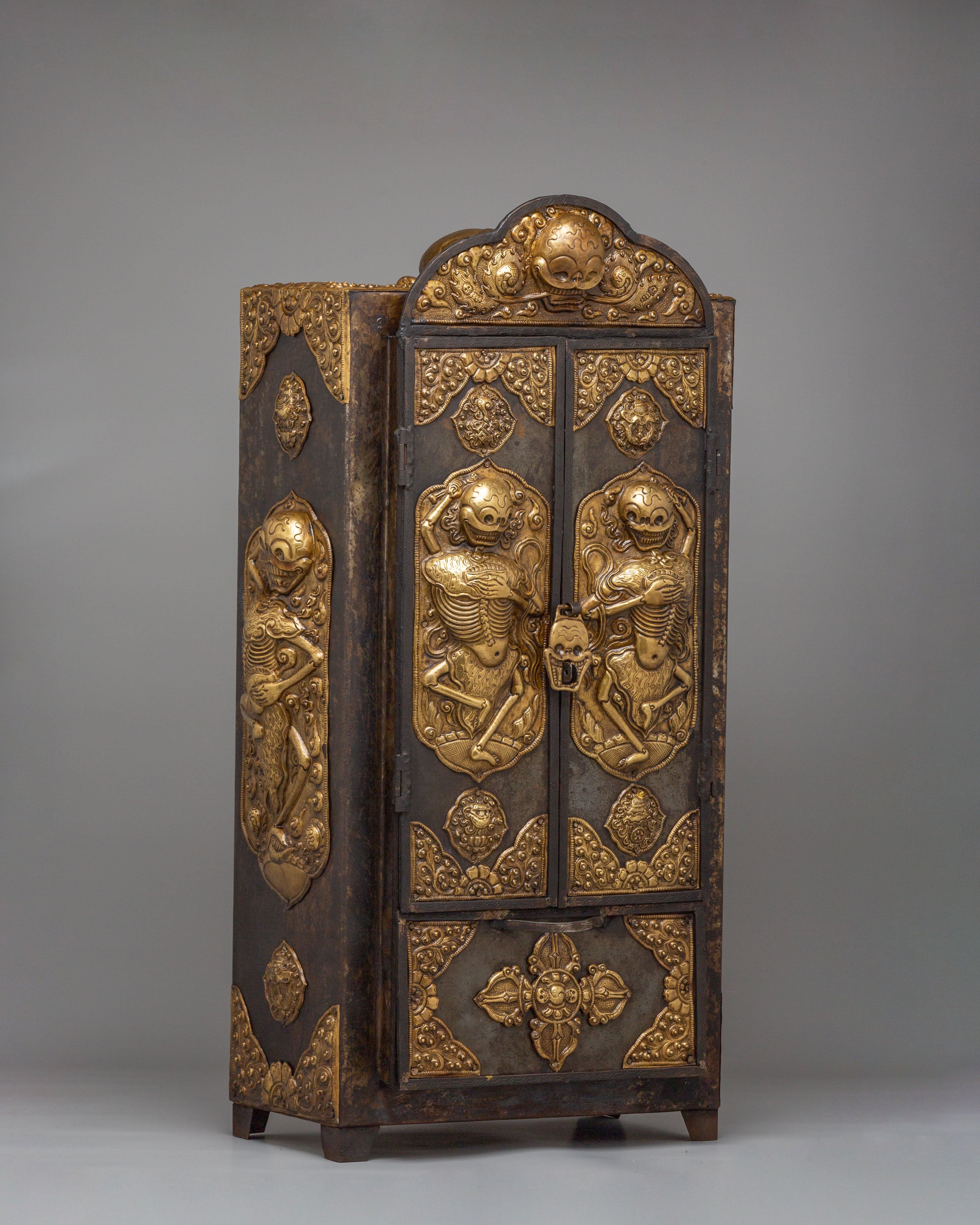 Buddhist Chitipati Altar Box | Brass and Iron Tibetan Ritual Cabinet