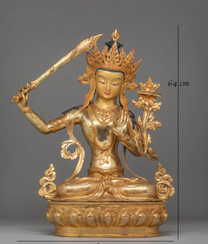 Handmade Spiritual Manjushri Statue | Gold-Plated Copper with Acrylic Color