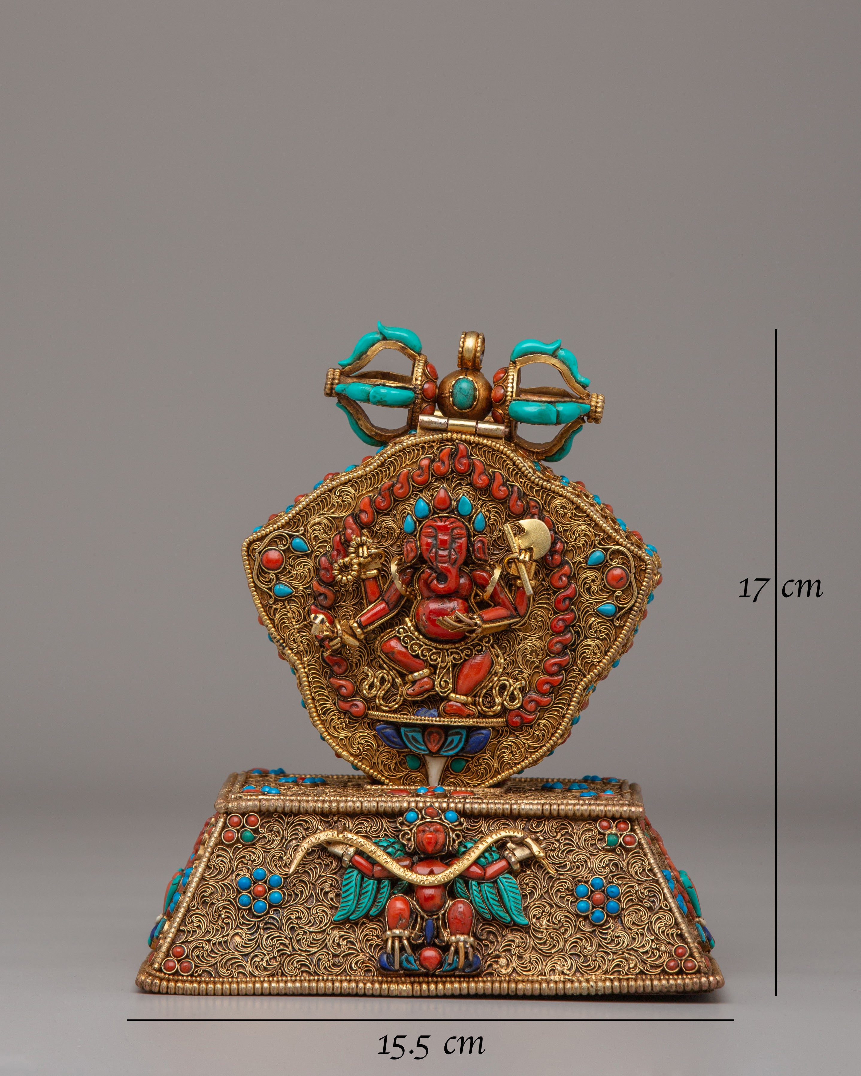 Ganesha And Garuda Ghau Box Locket | Copper With Handcarved Gemstone