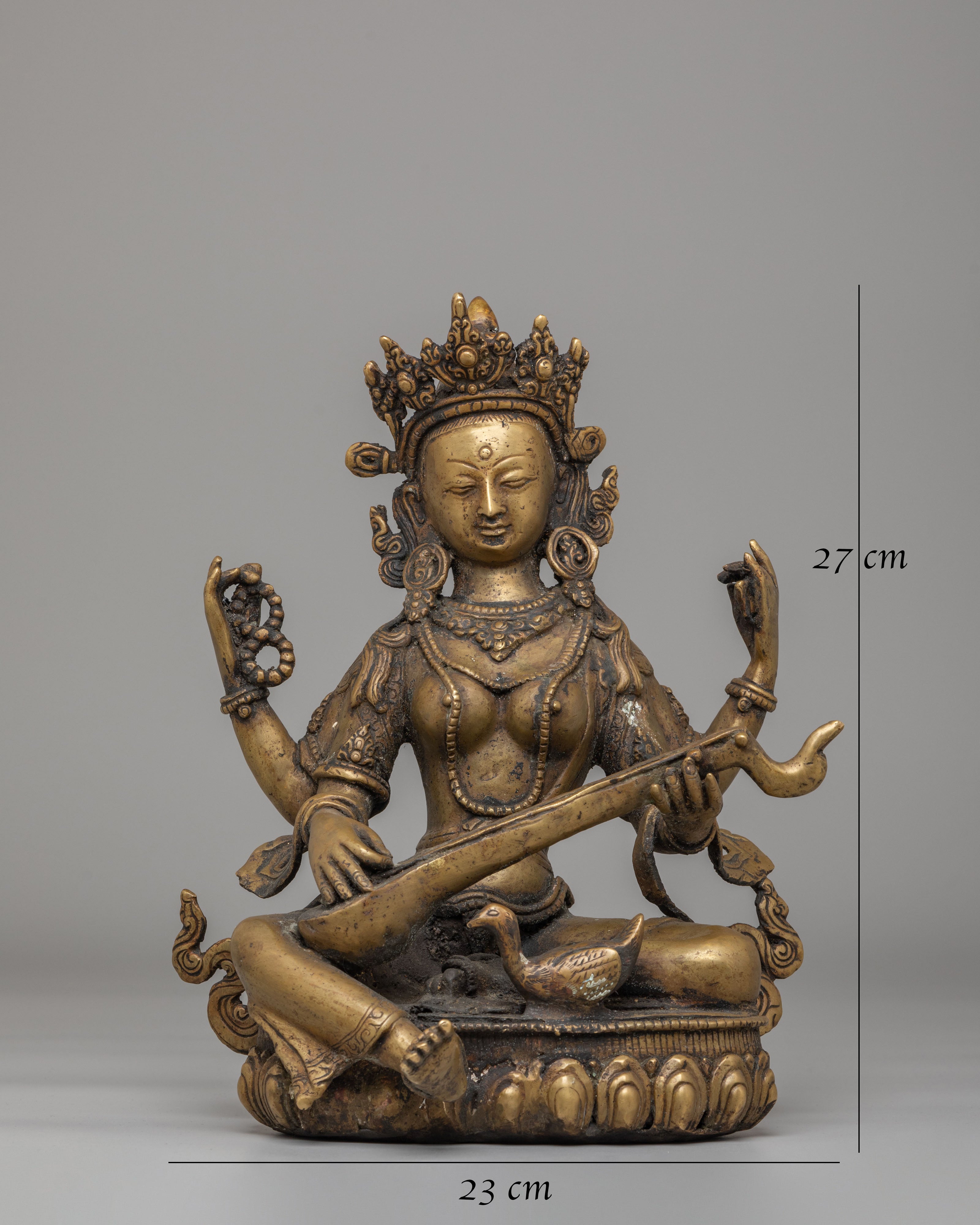 Handmade Saraswati Goddess Statue | Oxidized Copper Goddess of Knowledge