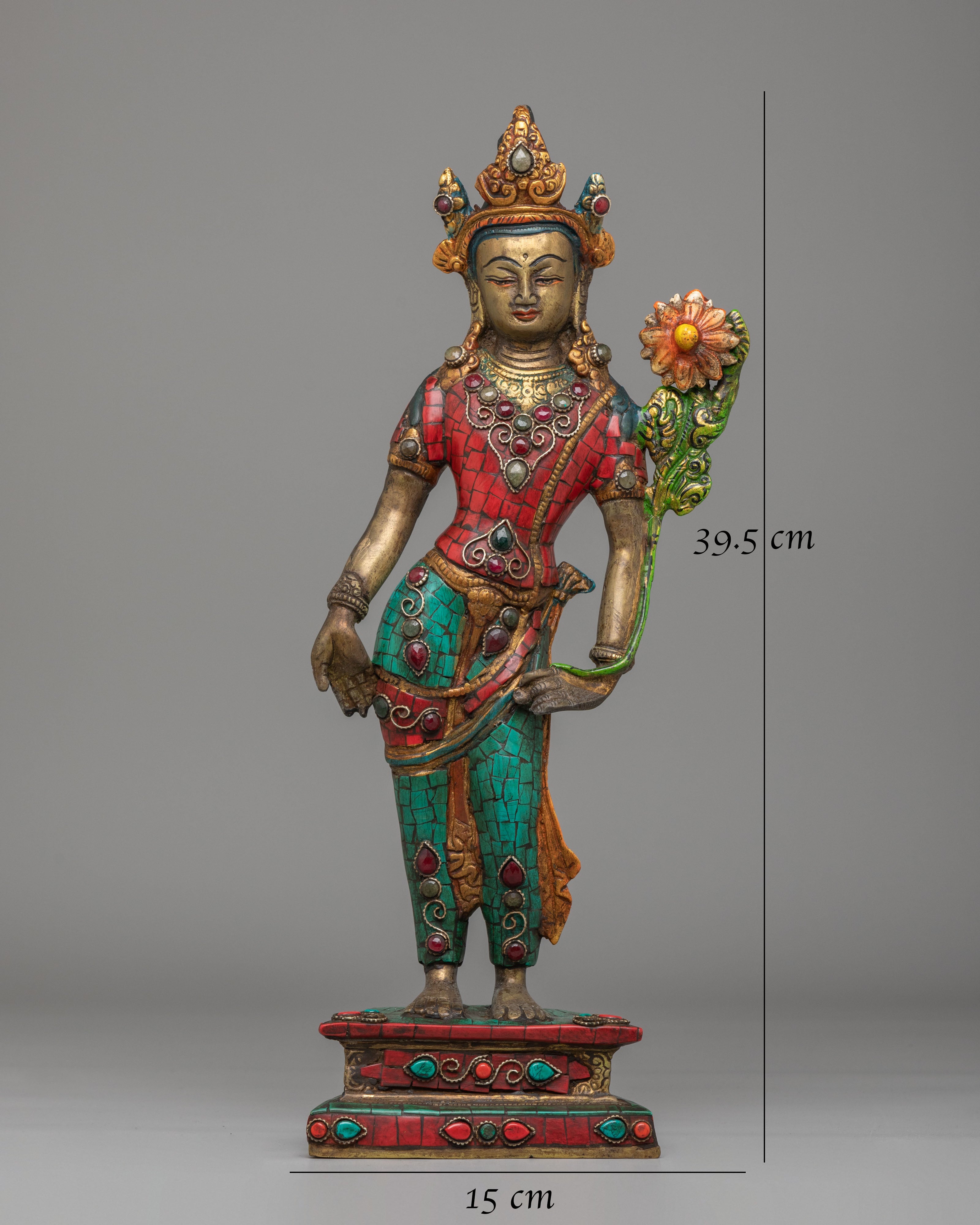 Traditional Standing Green Tara Altar Sculpture | Bronze Buddhist Deity Statue
