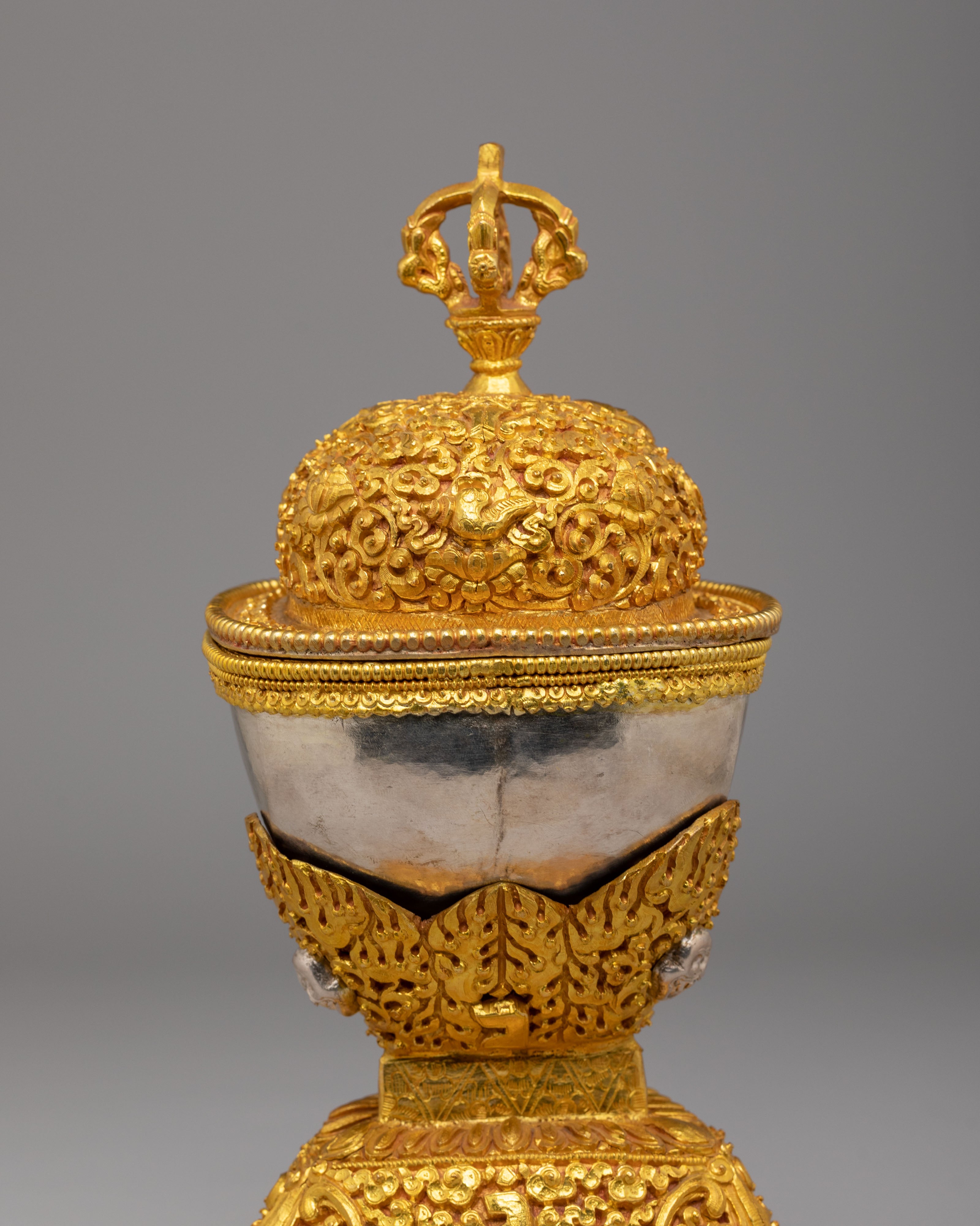 Tibetan Ritual Skull Cups for Altar | Gold and Silver Plated Kapala Set