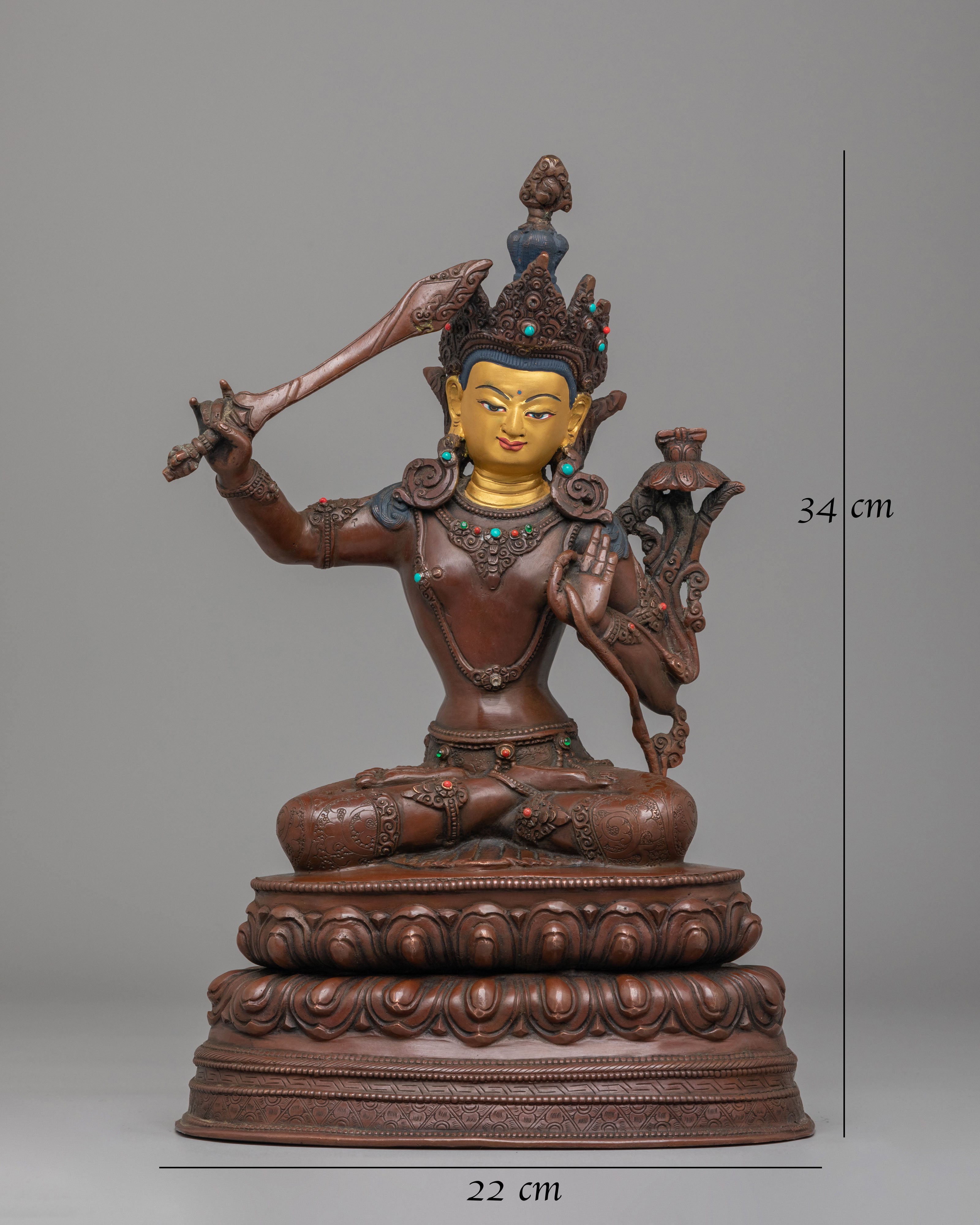 Tibetan Altar Manjushri Statue | Copper Body with 24K Gold Plating