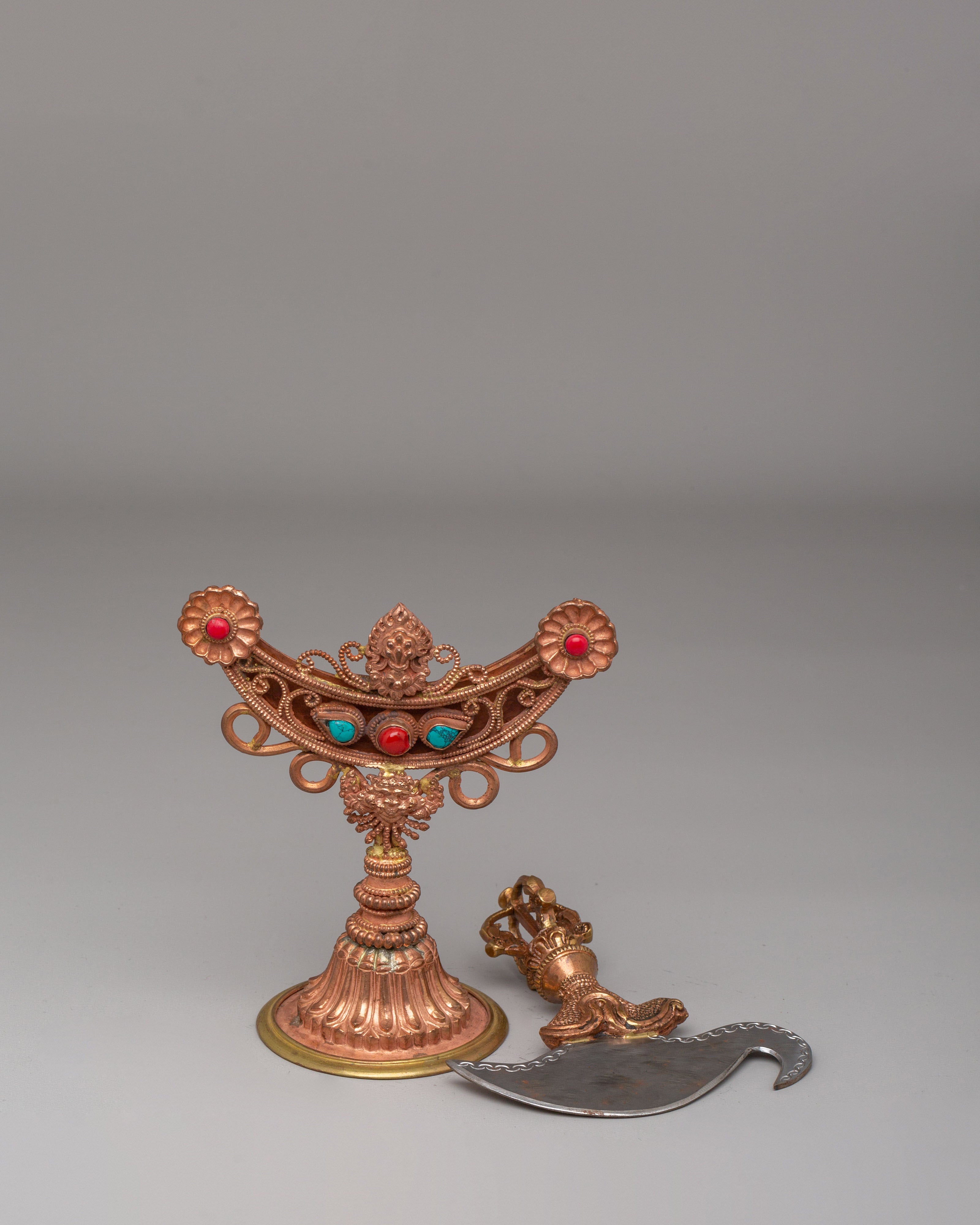 Kartika Ritual Knife With Stand | Copper Kartika with Coral and Turquoise