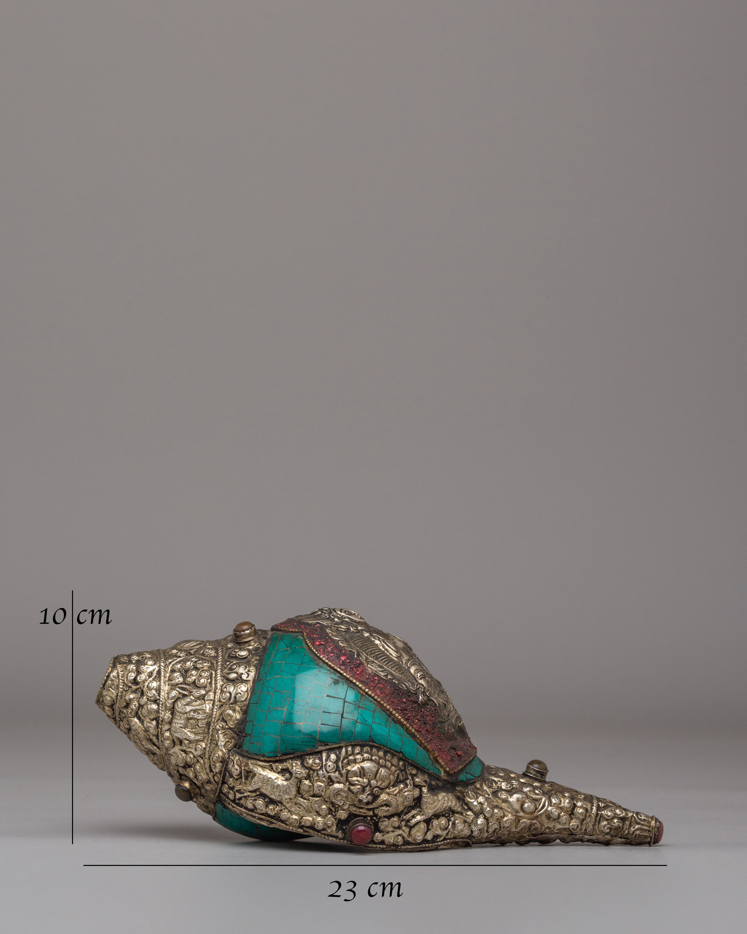Handmade Tibetan Conch | Gemstone & Coral Inlay
