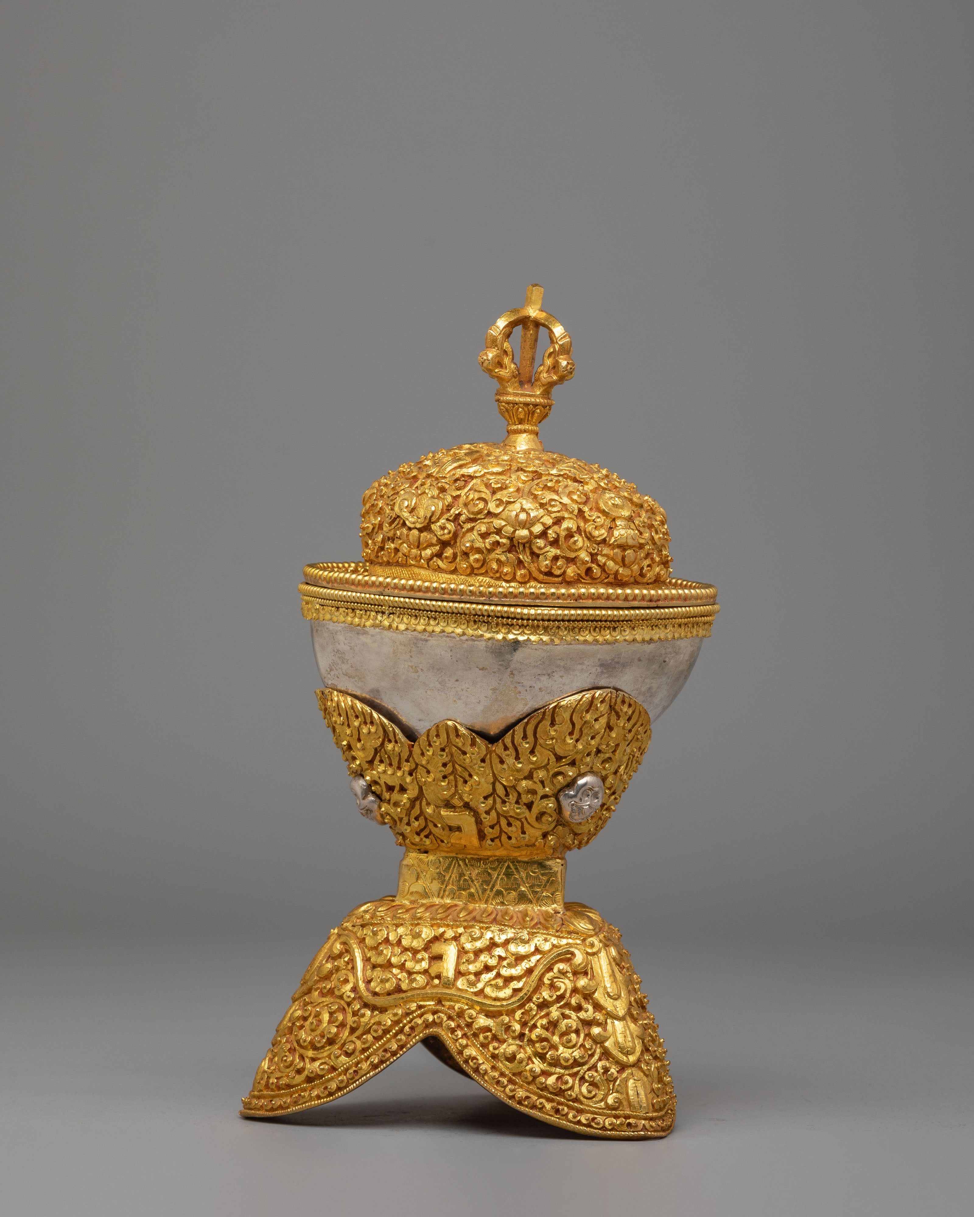 Tibetan Ritual Skull Cups for Altar | Gold and Silver Plated Kapala Set