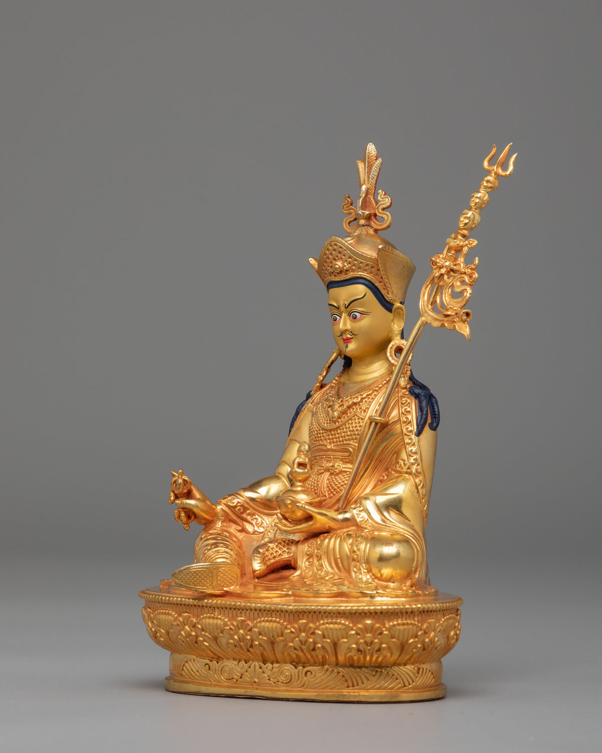Machine Made Padmasambhava Statue | 24K Gold Plated Copper Buddhist Sculpture