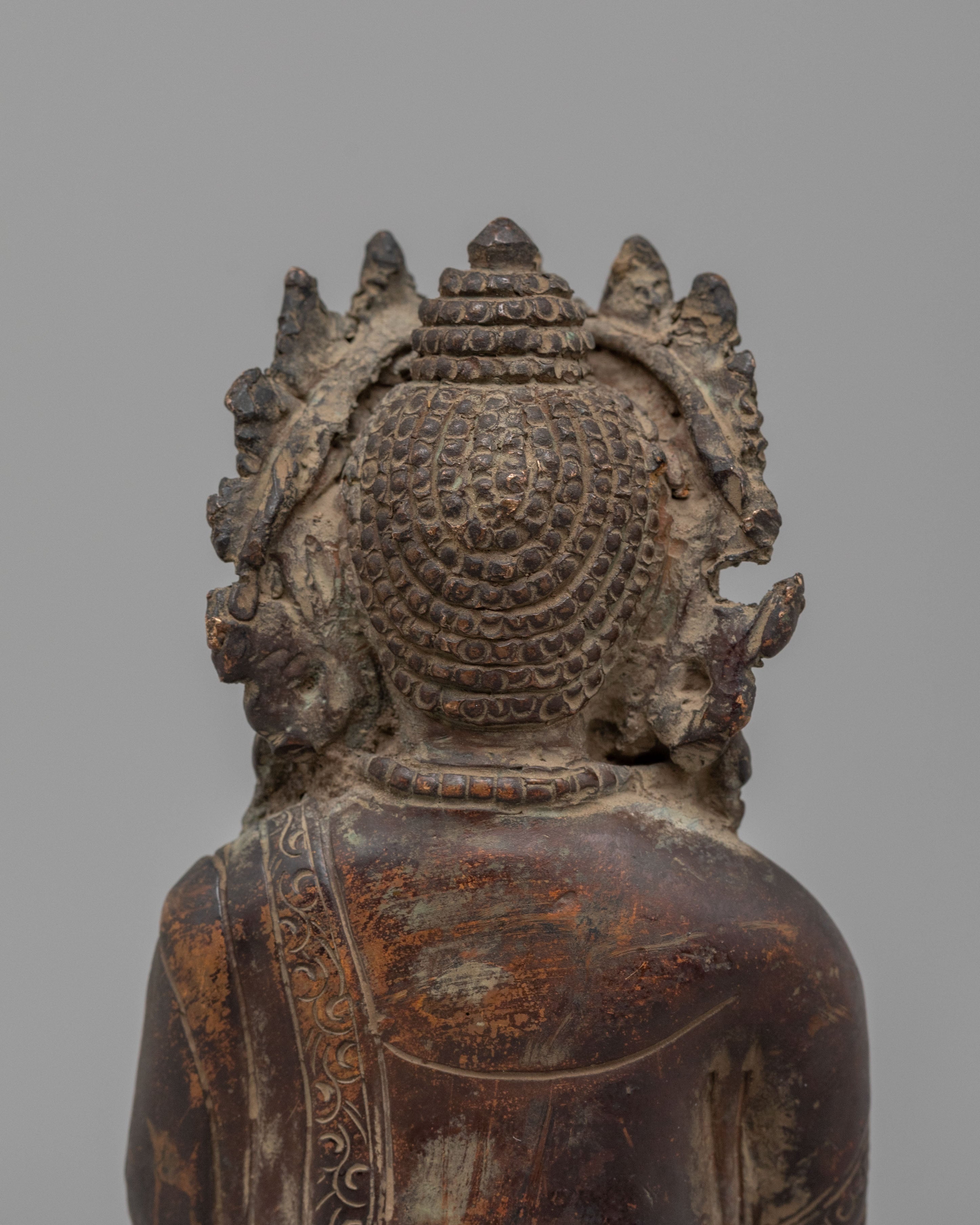 Handmade Crown Shakyamuni Buddha Statue | Oxidized Brass Crowned Buddha