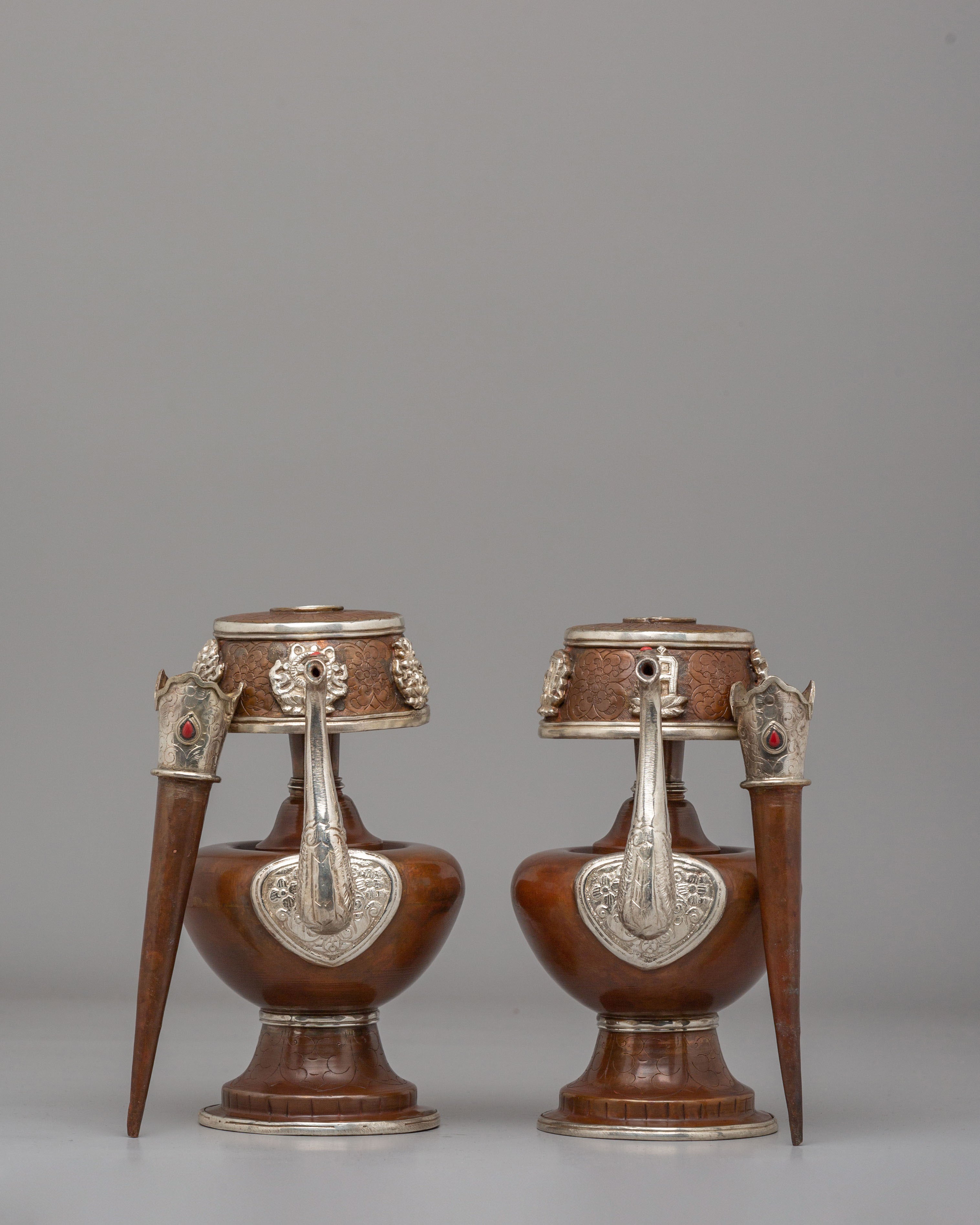 Spiritual Ceremonial Bhumba Pair | Tibetan Ritual Copper Silver Vessels