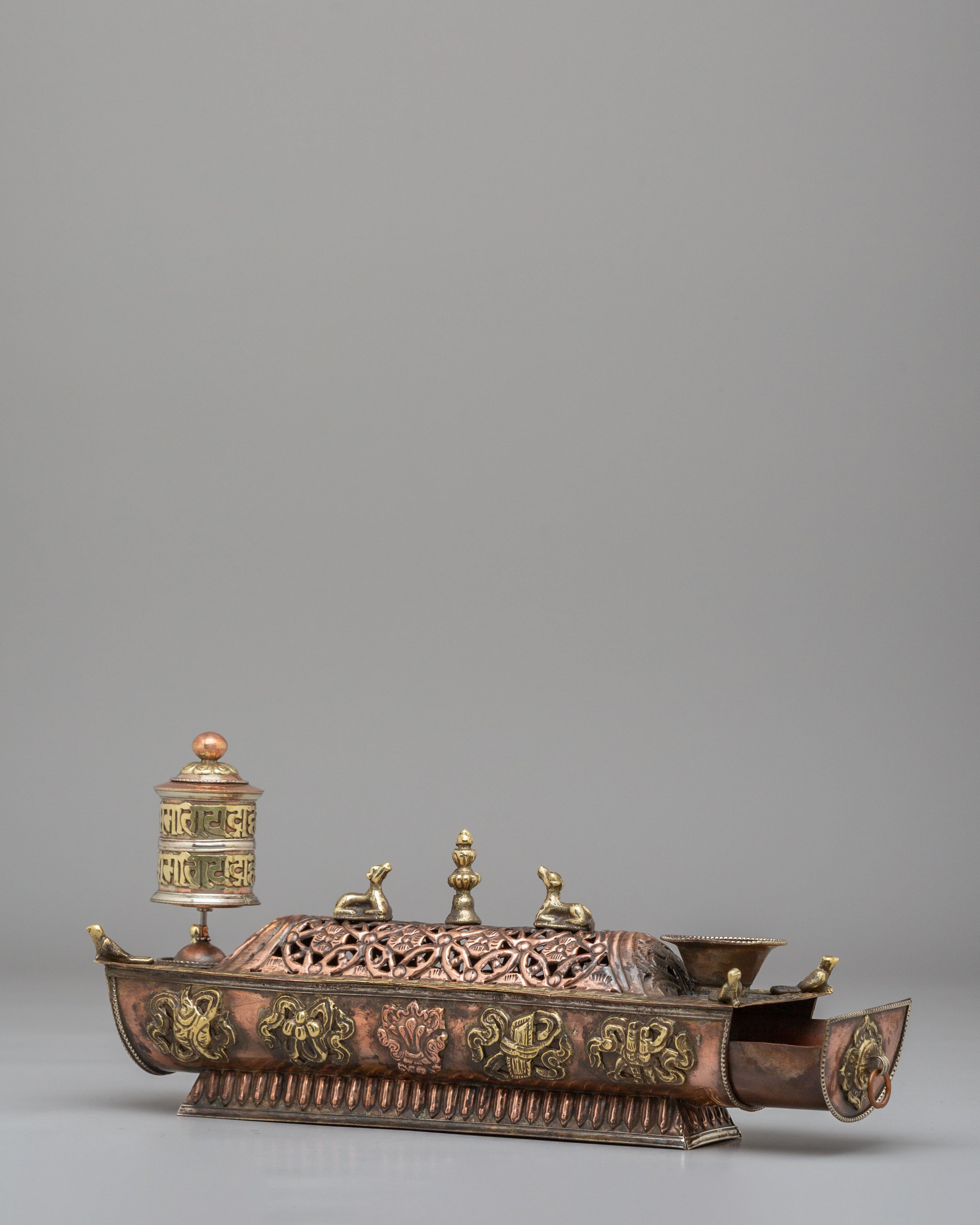 Ritual Incense Burner | Handcrafted Brass Tibetan Incense Box with Dharma Wheel