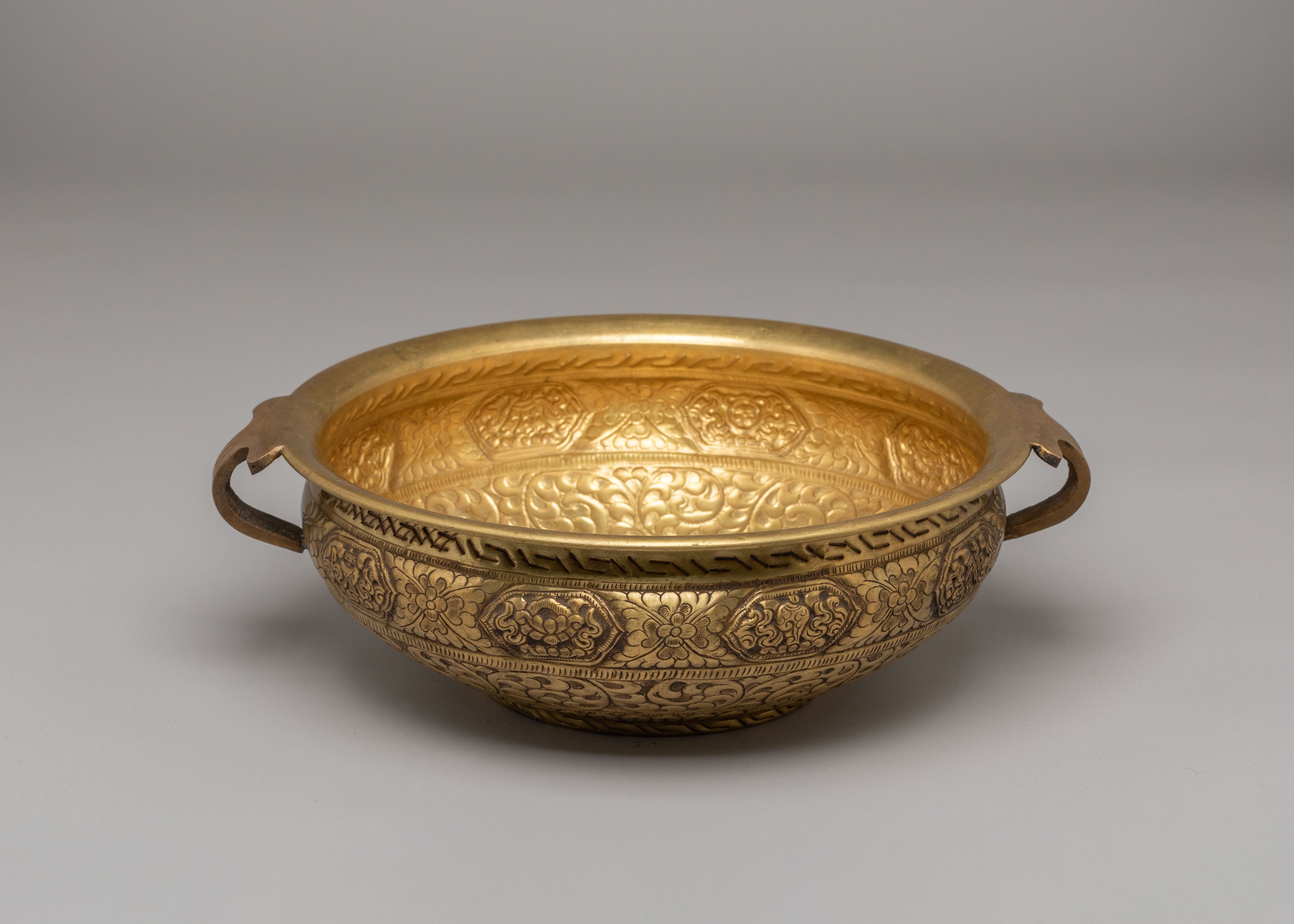 Himalayan Decorative Urli Bowl | Vessel with 8 Auspicious Symbols for Altars & Rituals