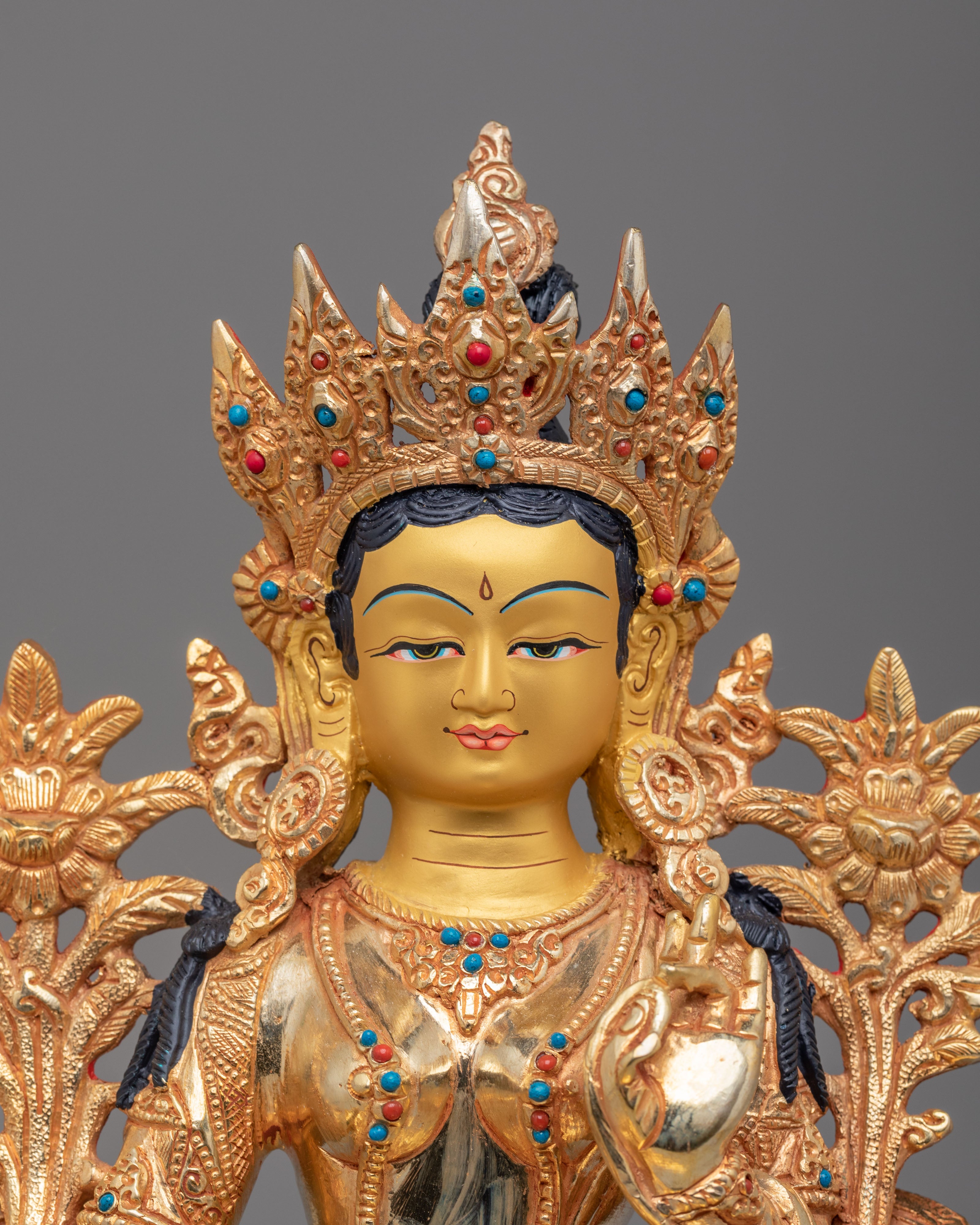 Sacred Green Tara Sculpture | Copper Body with 24K Gold Plating and Gemstones