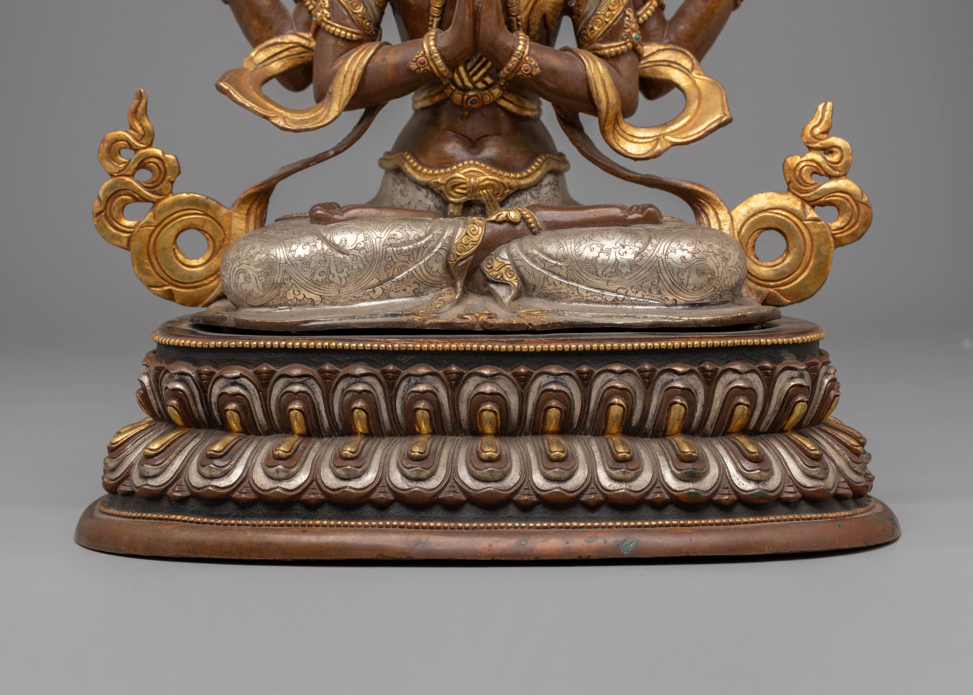 Handcrafted Copper Sculpture of Chenrezig with 24K Gold Gilding and Silver Plating