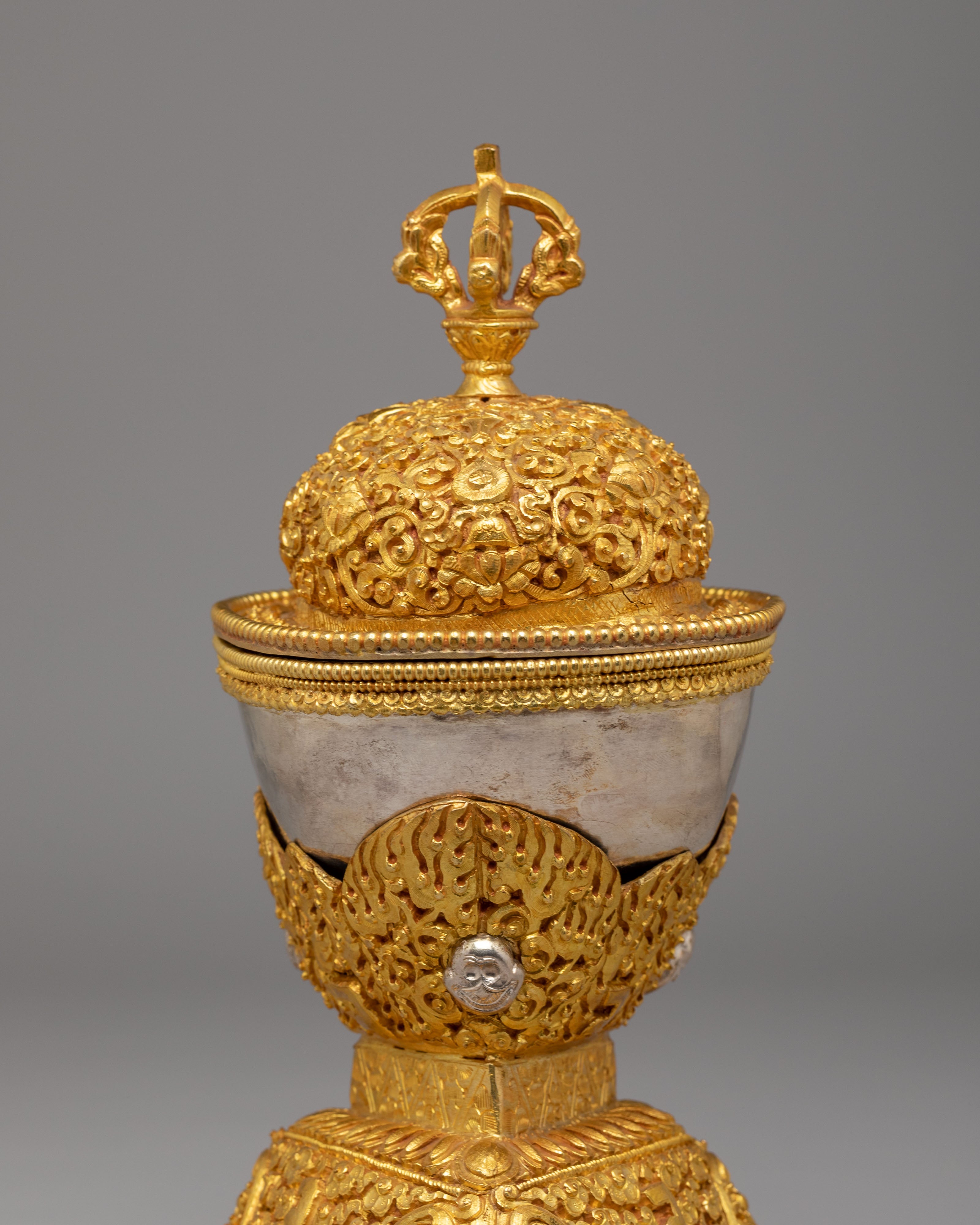 Tibetan Ritual Skull Cups for Altar | Gold and Silver Plated Kapala Set