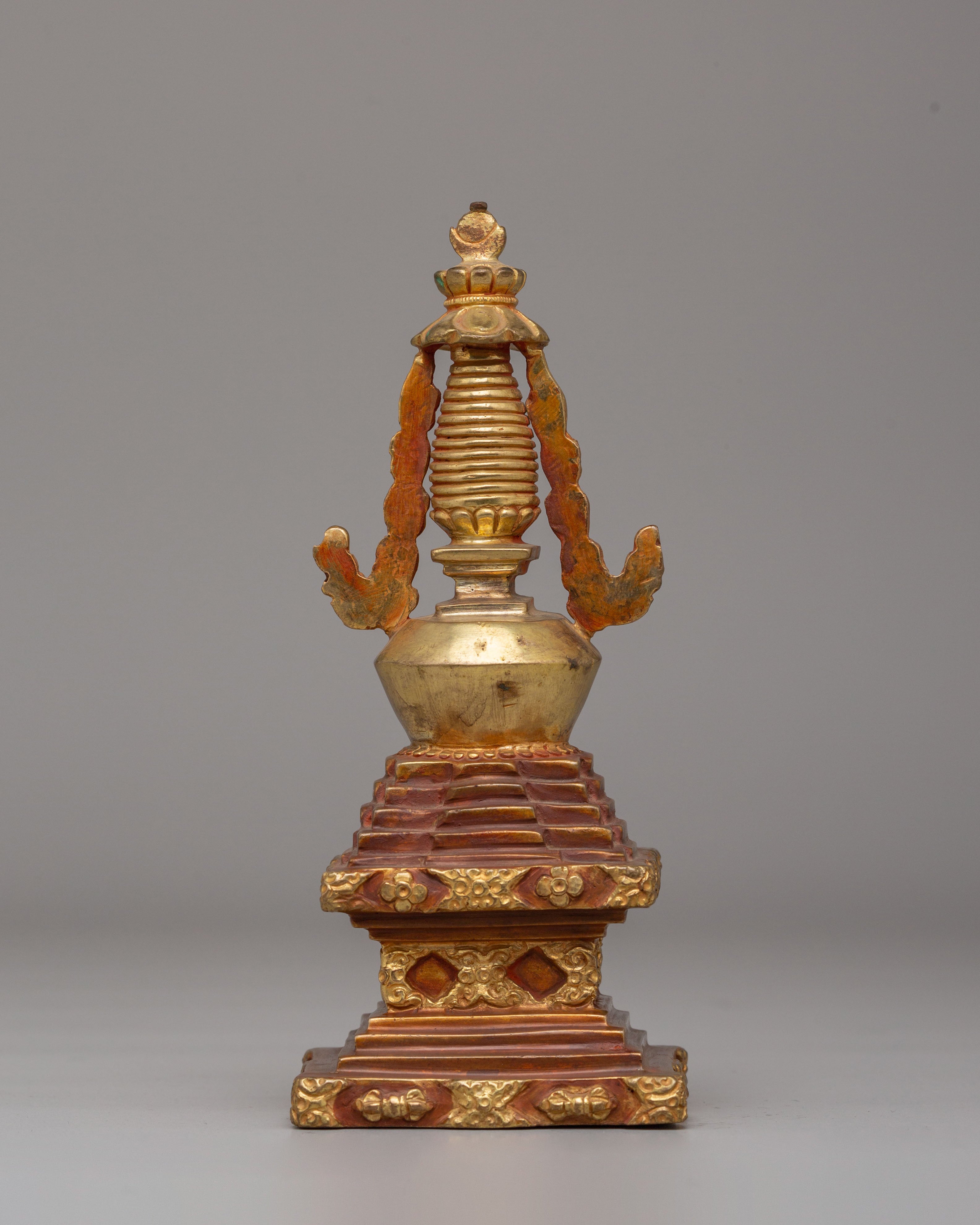 Handmade Descent from Heaven Stupa | Gold Plated Tibetan Stupa for Meditation