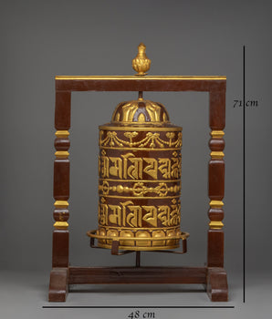 Prayer Wheel: Traditional Ritual Item | Copper Body with Acrylic Colors and Wood Base