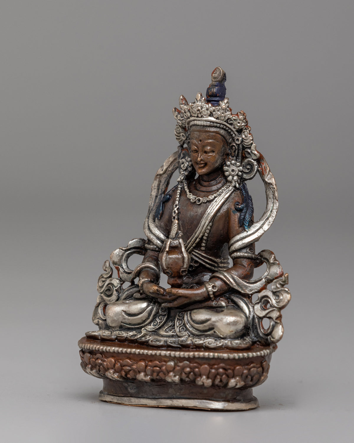Traditional Amitayus Buddha Longevity Statue | Oxidized Copper Body with Silver Plating
