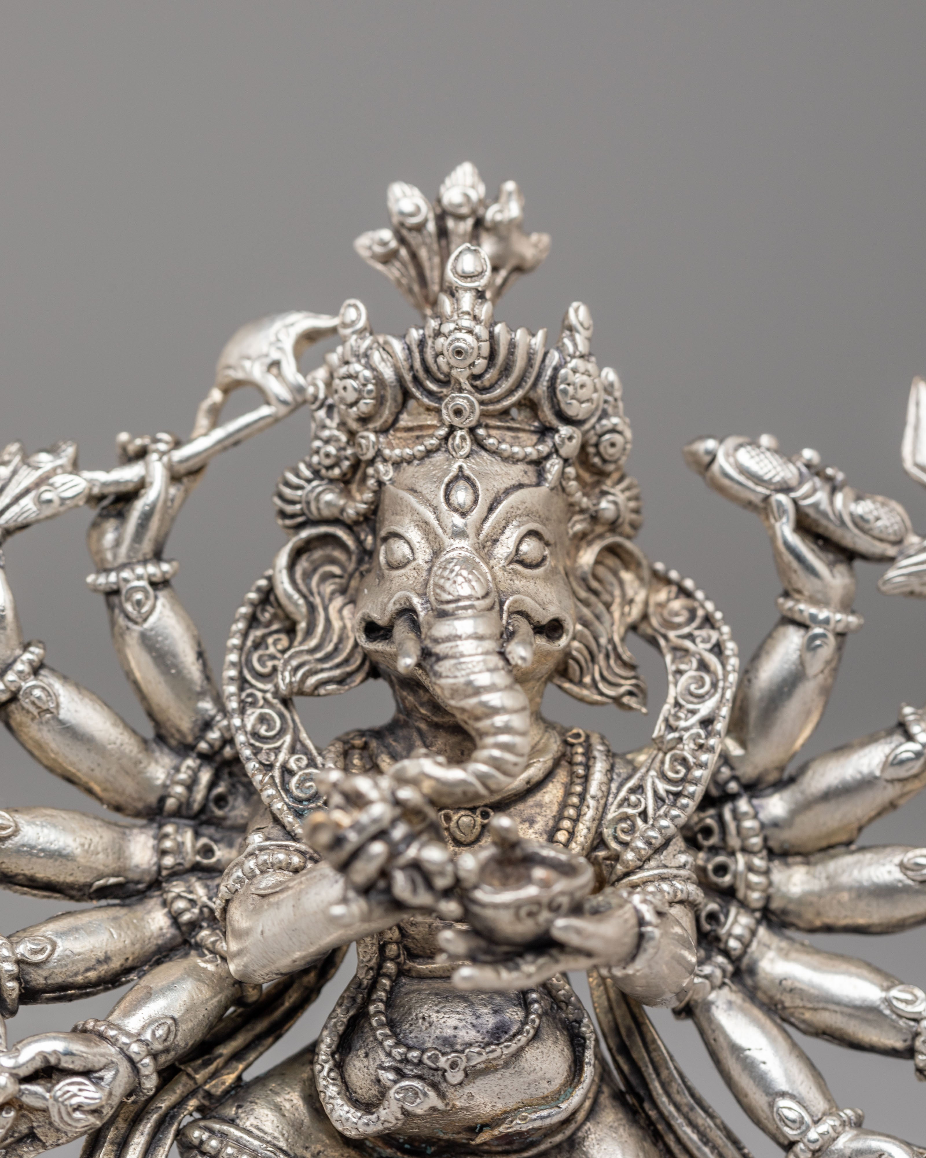12-Armed Maha Rakta Ganesh Statue | Machine Made Silver Plated Hindu Deity