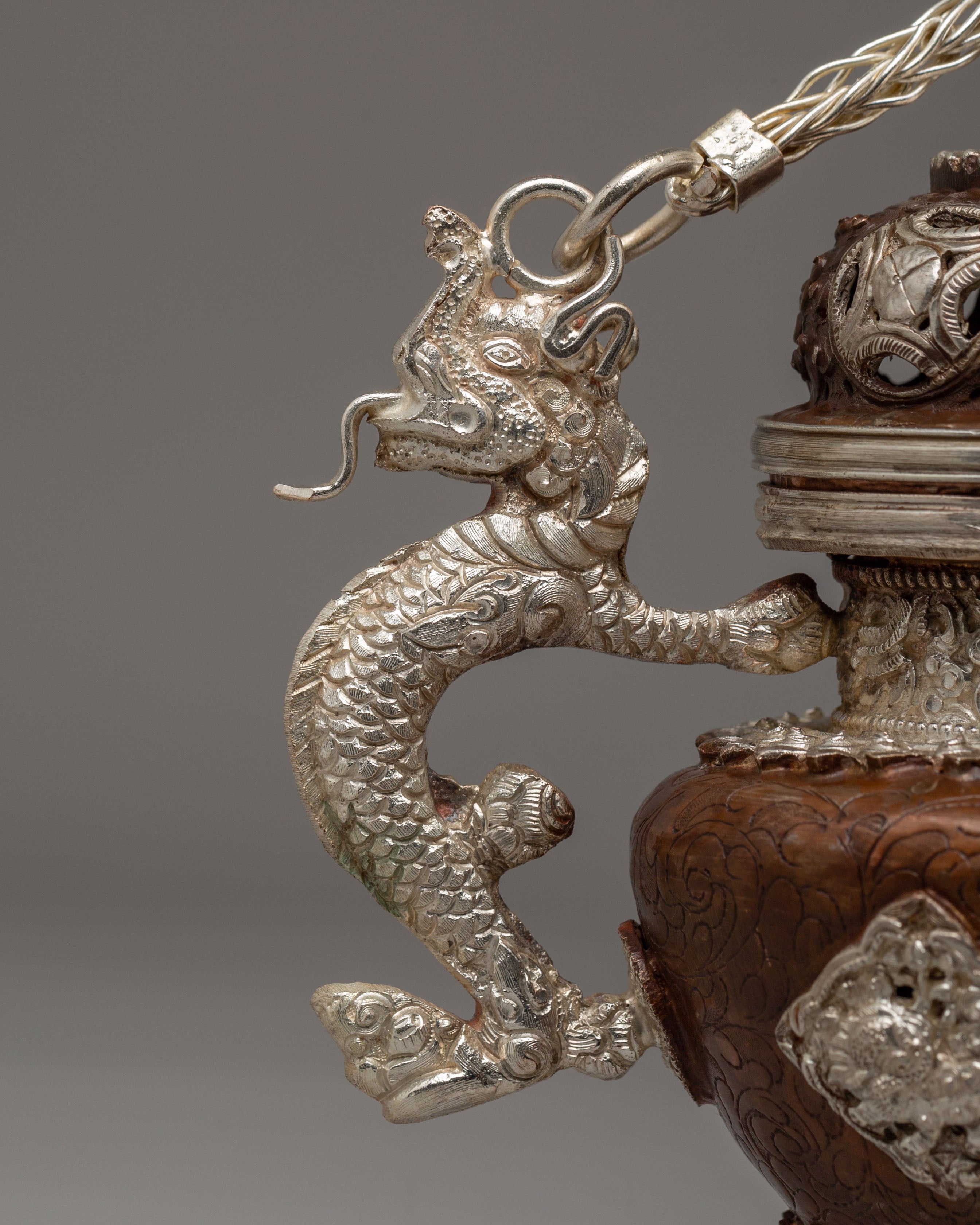 Tibetan Sacred Incense Burner | Oxidized Copper Body with Silver Plating