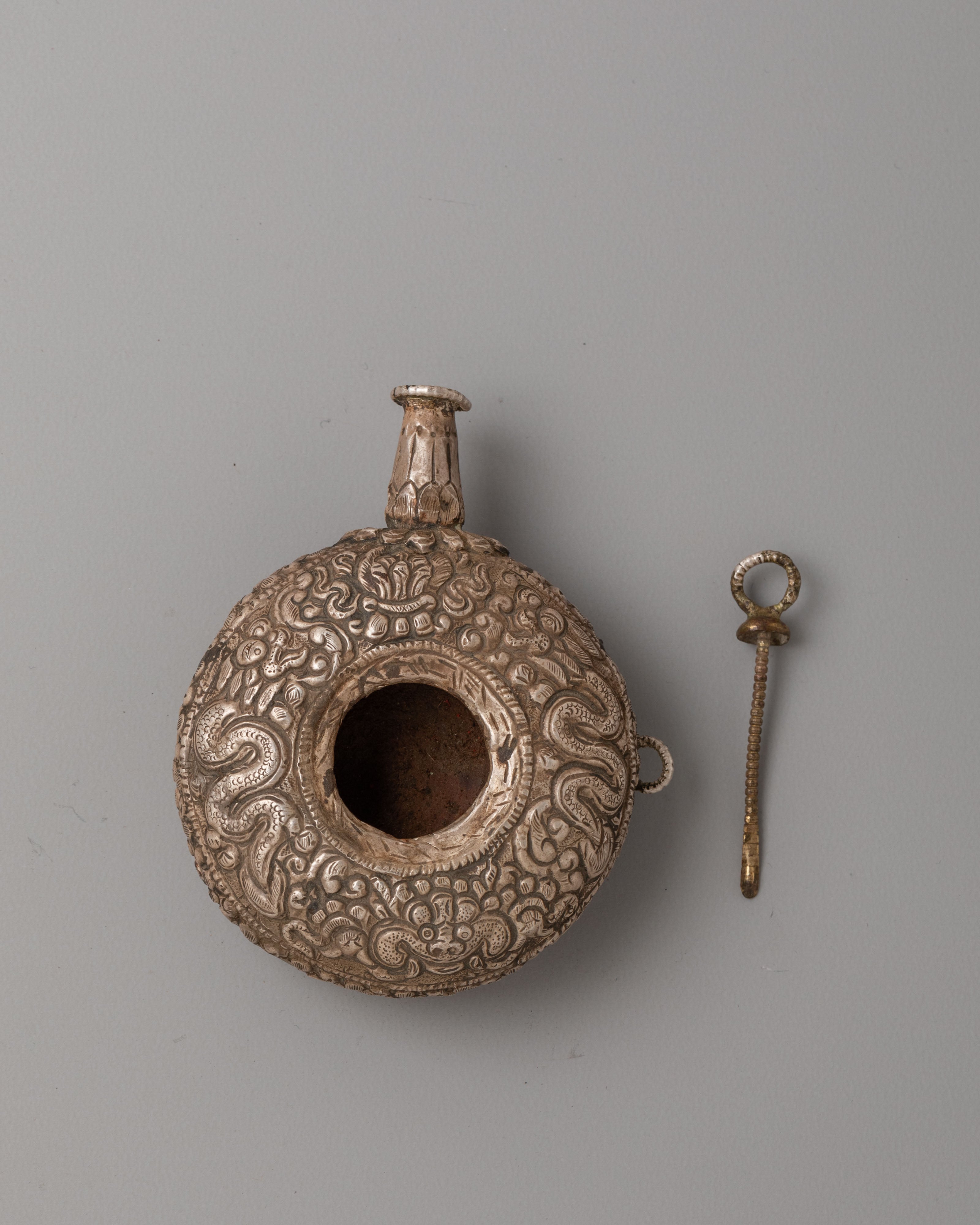 Buddhist Snuff Bottle | Handcrafted Silver Dragon Engraved Vessel