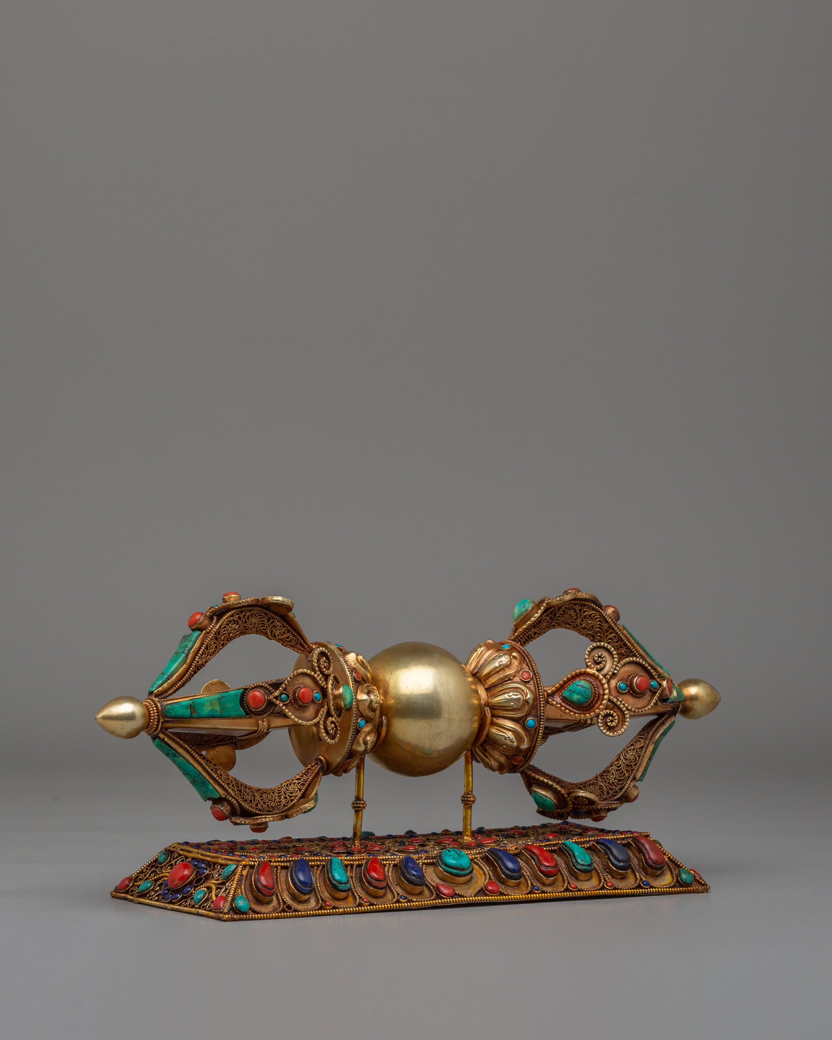 Buddhist Ritual Vajra With Stand | Copper Gemstone Dorje