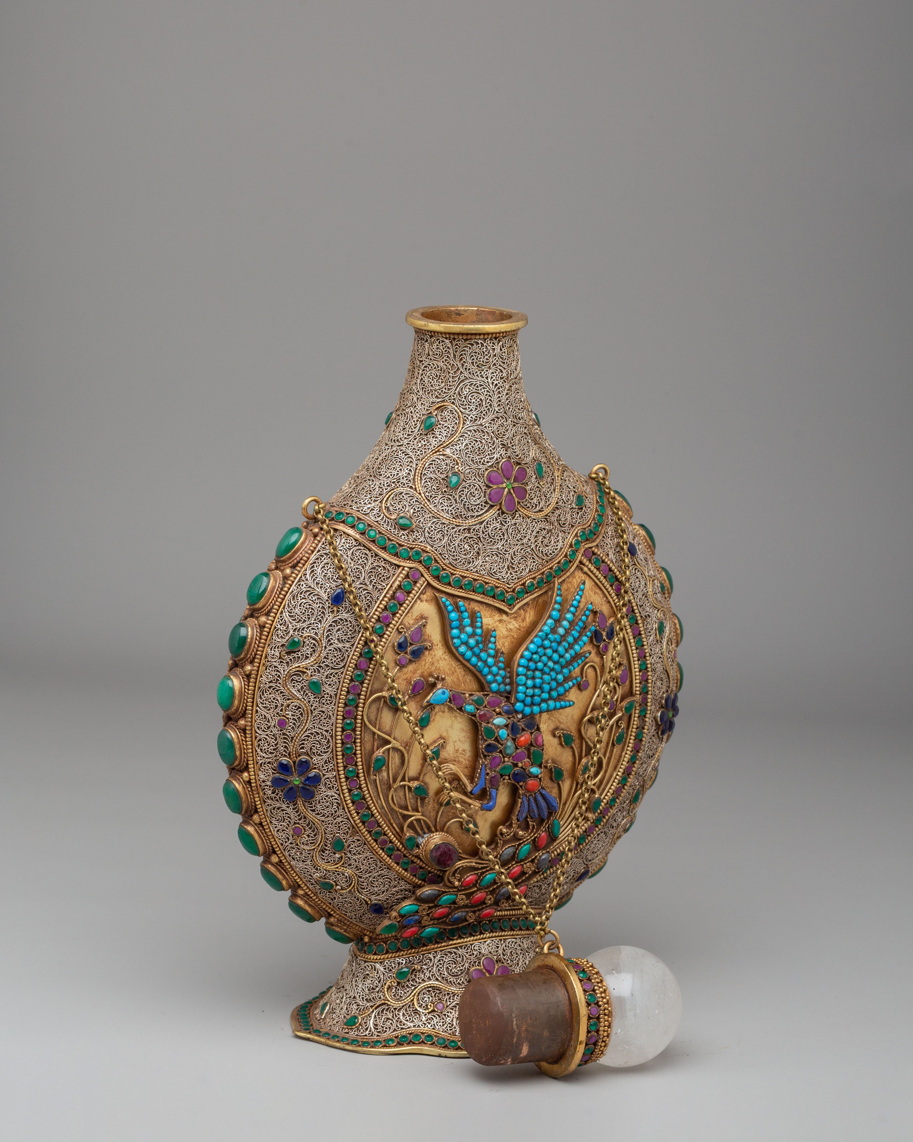 Handcrafted Snuffpot With Peacock Design | Copper Silver Artwork