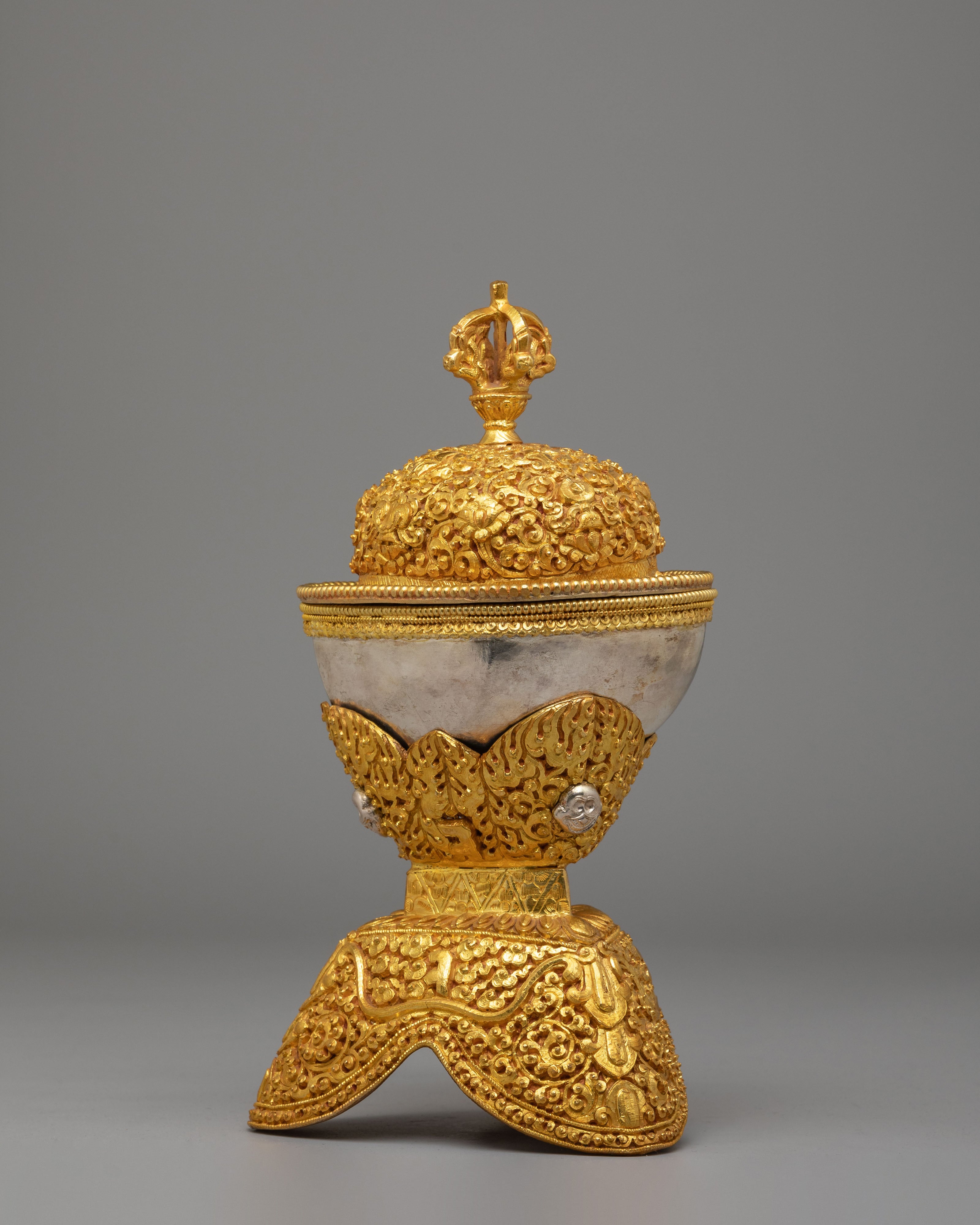 Tibetan Ritual Skull Cups for Altar | Gold and Silver Plated Kapala Set