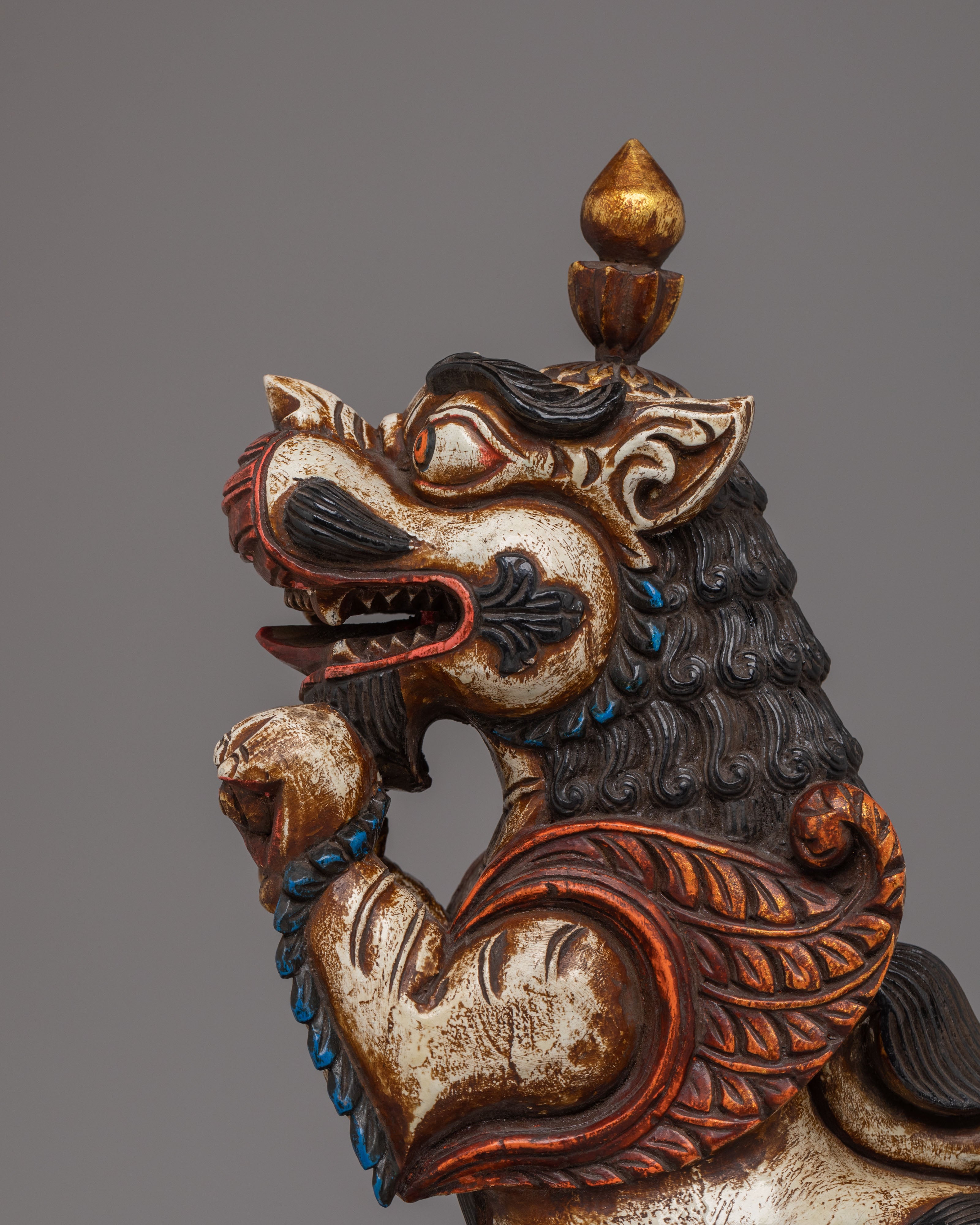 Handcrafted Sacred Guardian Lion Set | Wooden Lion Statue Set