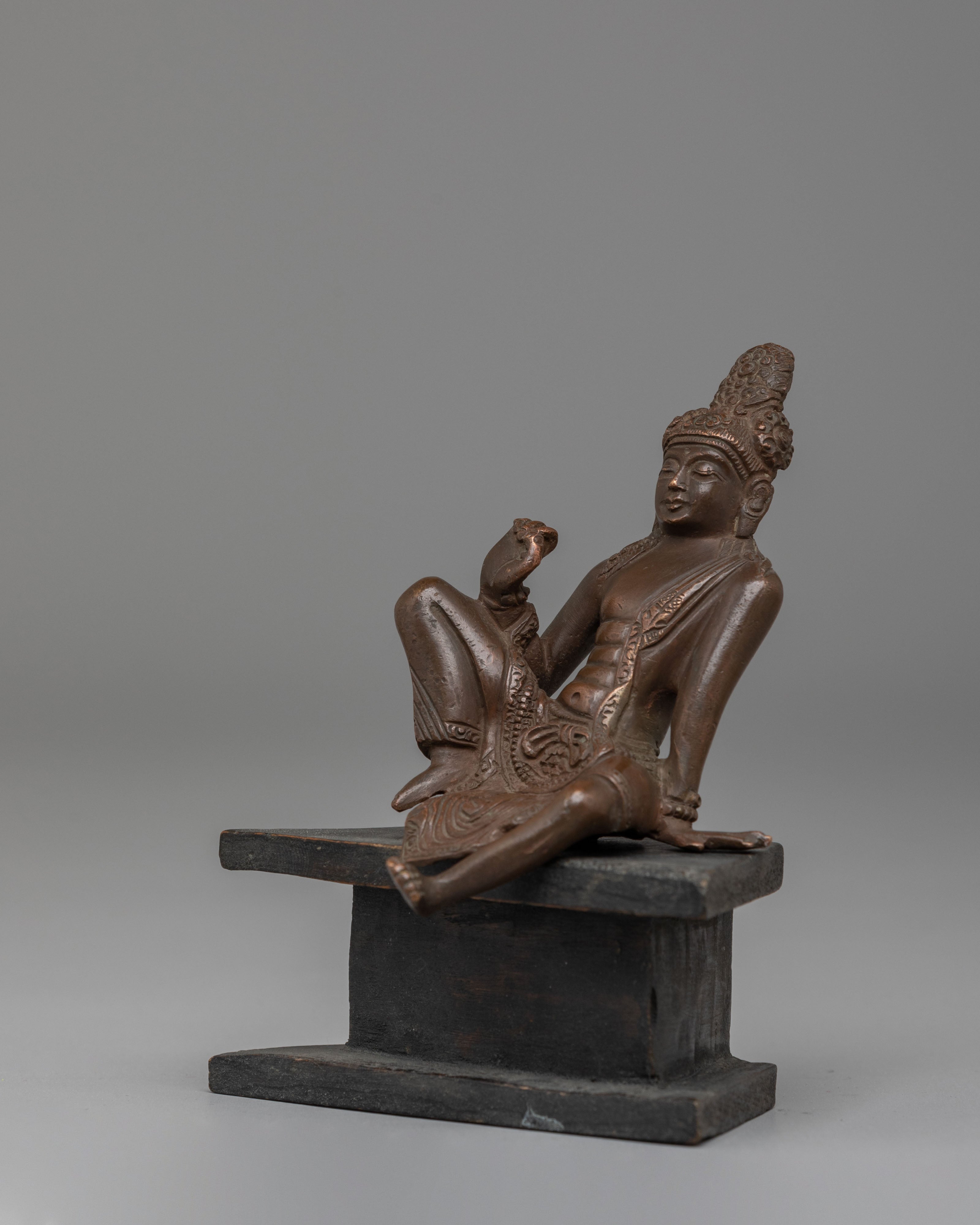 Handmade Indra Statue | Copper Lord Indra Figure with Wooden Base