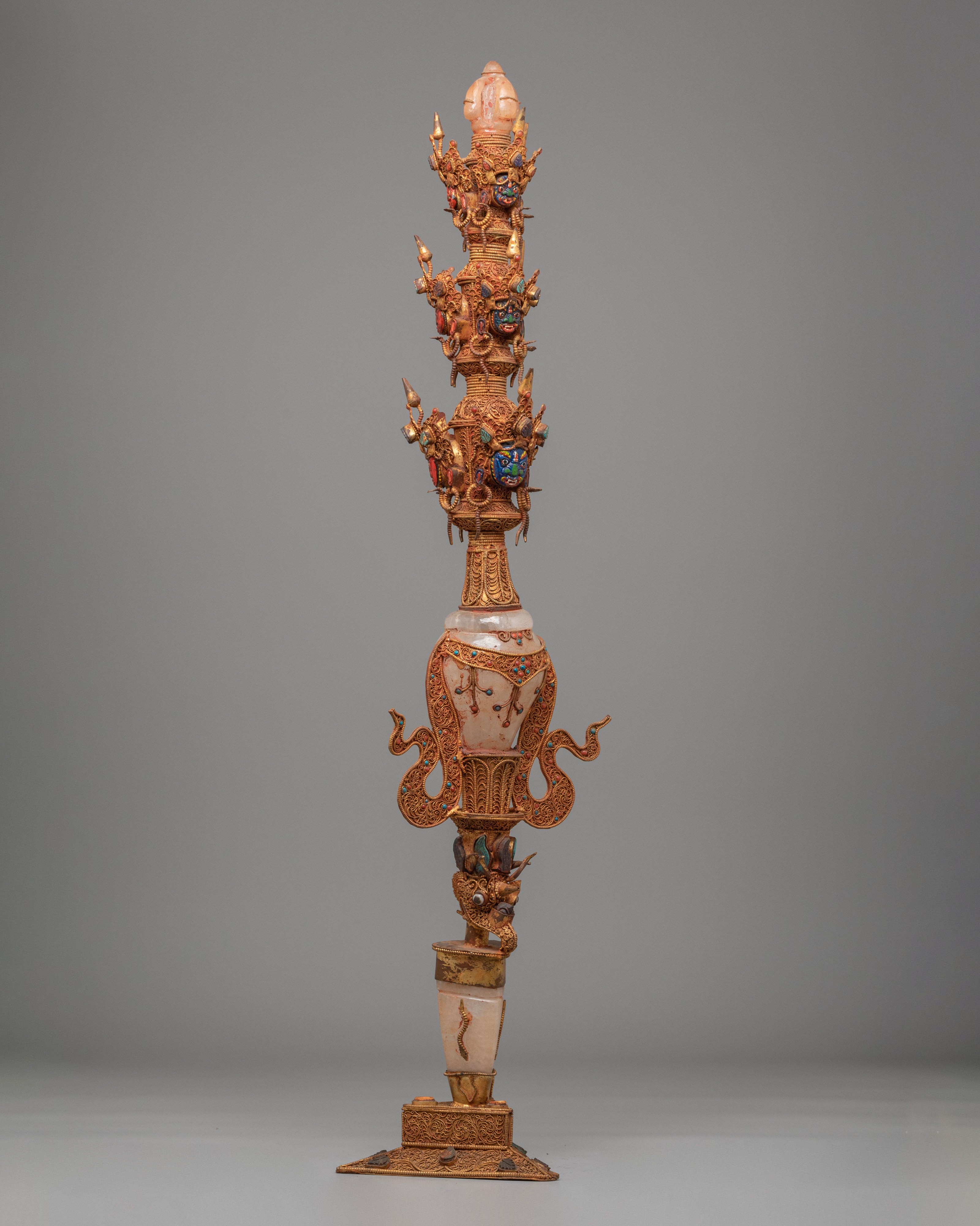 Scared Buddhist Ritual Dagger | Gold Plated Copper Filigree Phurba