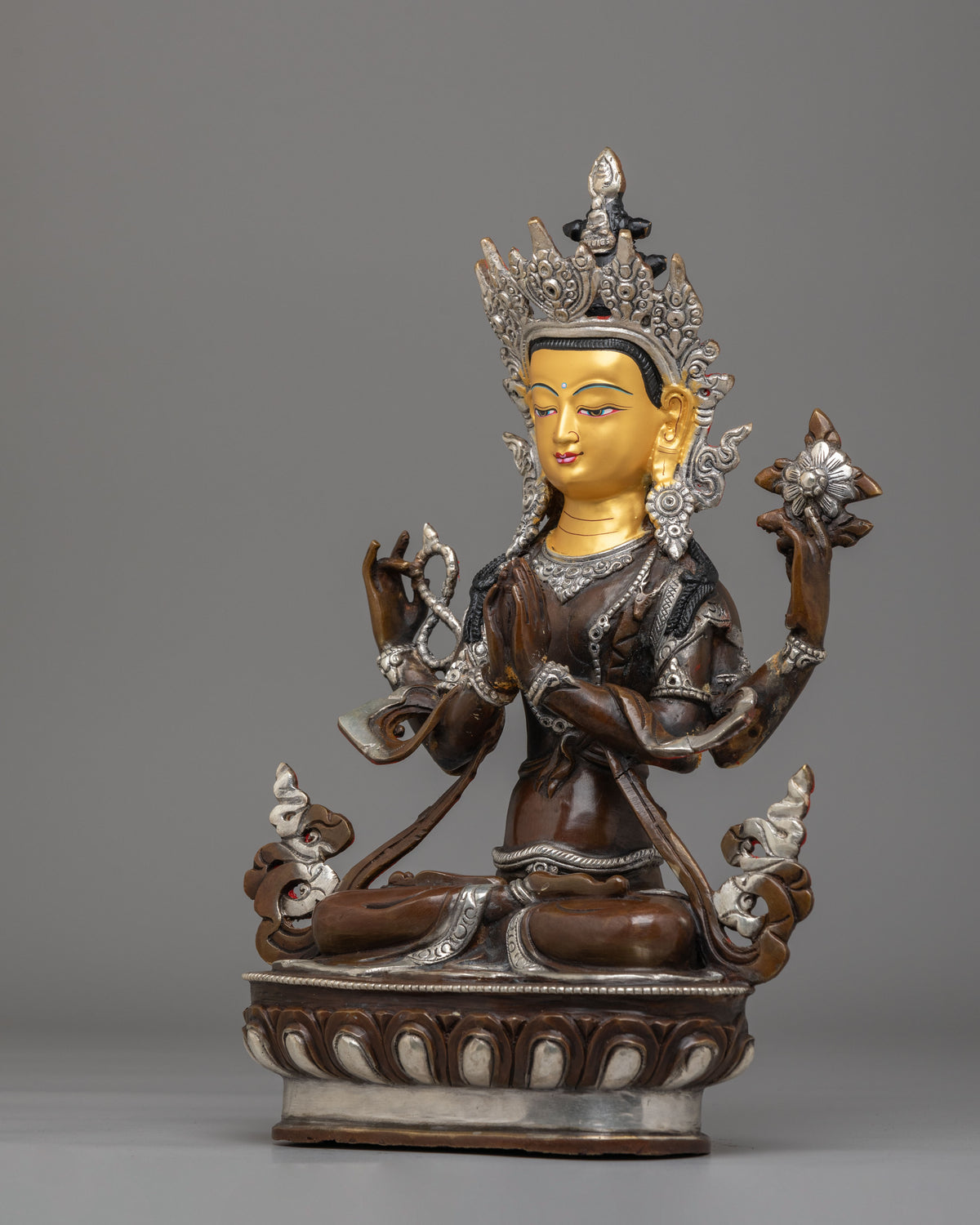 Tibetan Altar Avalokiteshvara Statue | Gold Plated Chenrezig Buddhist Sculpture