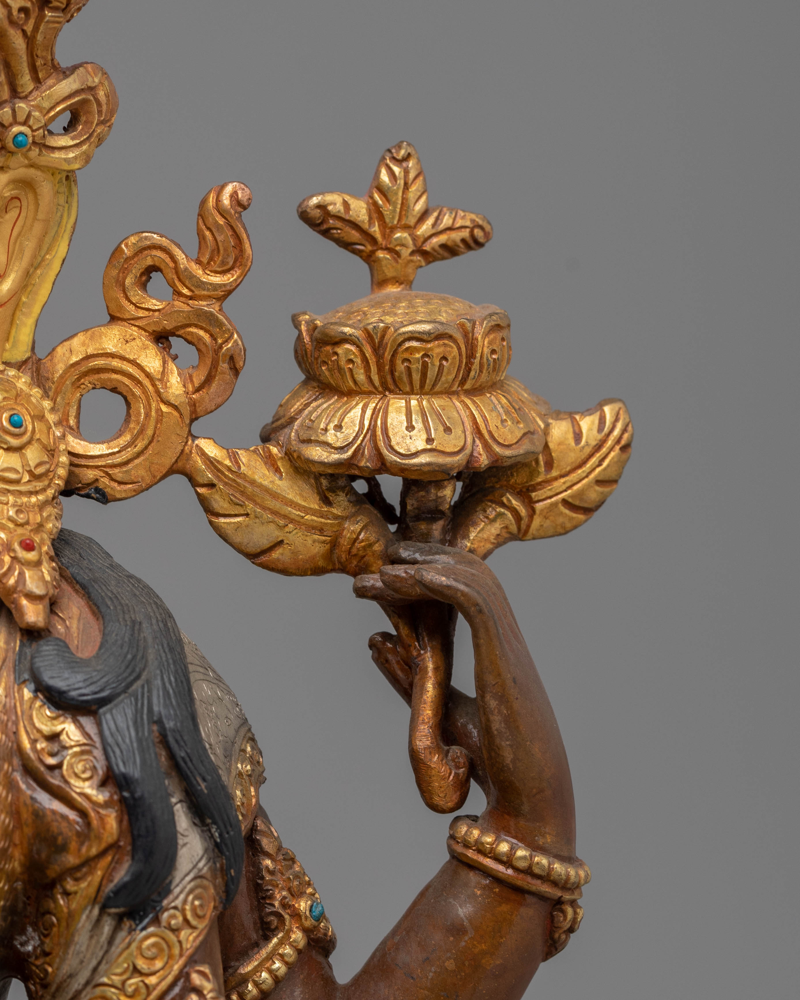 Handcrafted Copper Sculpture of Chenrezig with 24K Gold Gilding and Silver Plating