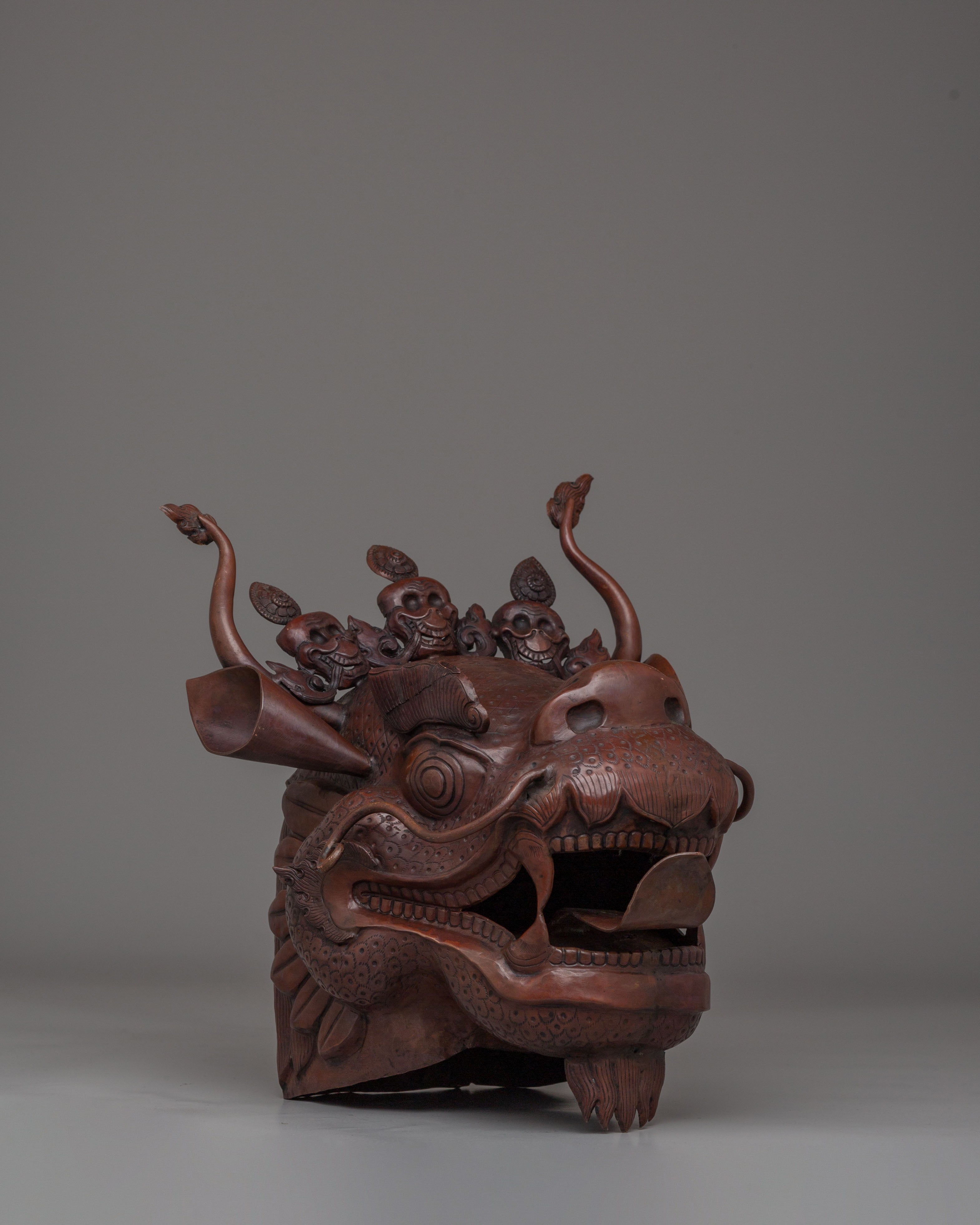Carved Dragon Head Sculpture | Traditional Oxidized Copper Artwork