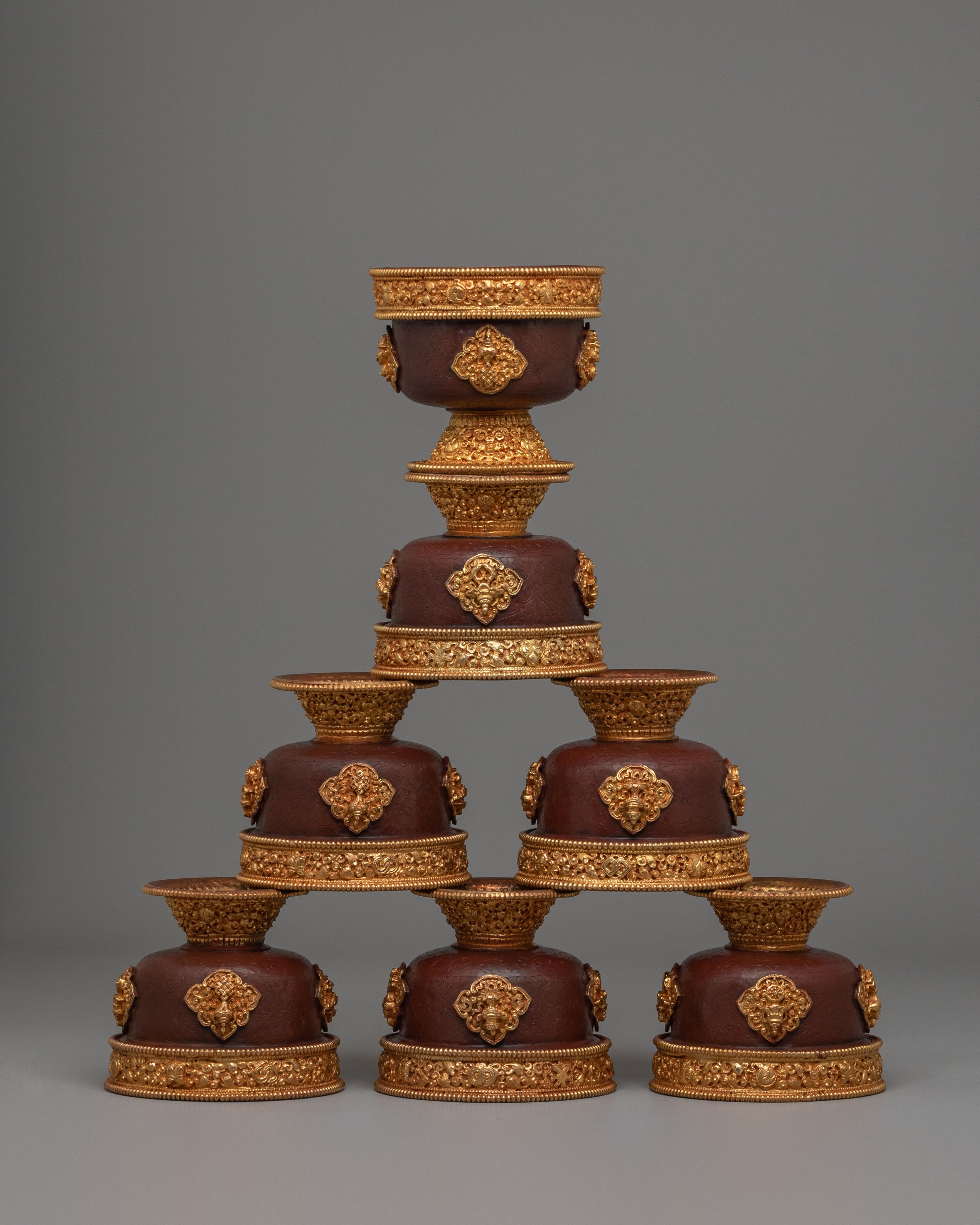 Himalayan Buddhist Offering Bowls | Copper Offering Bowl Set with Gold Finish