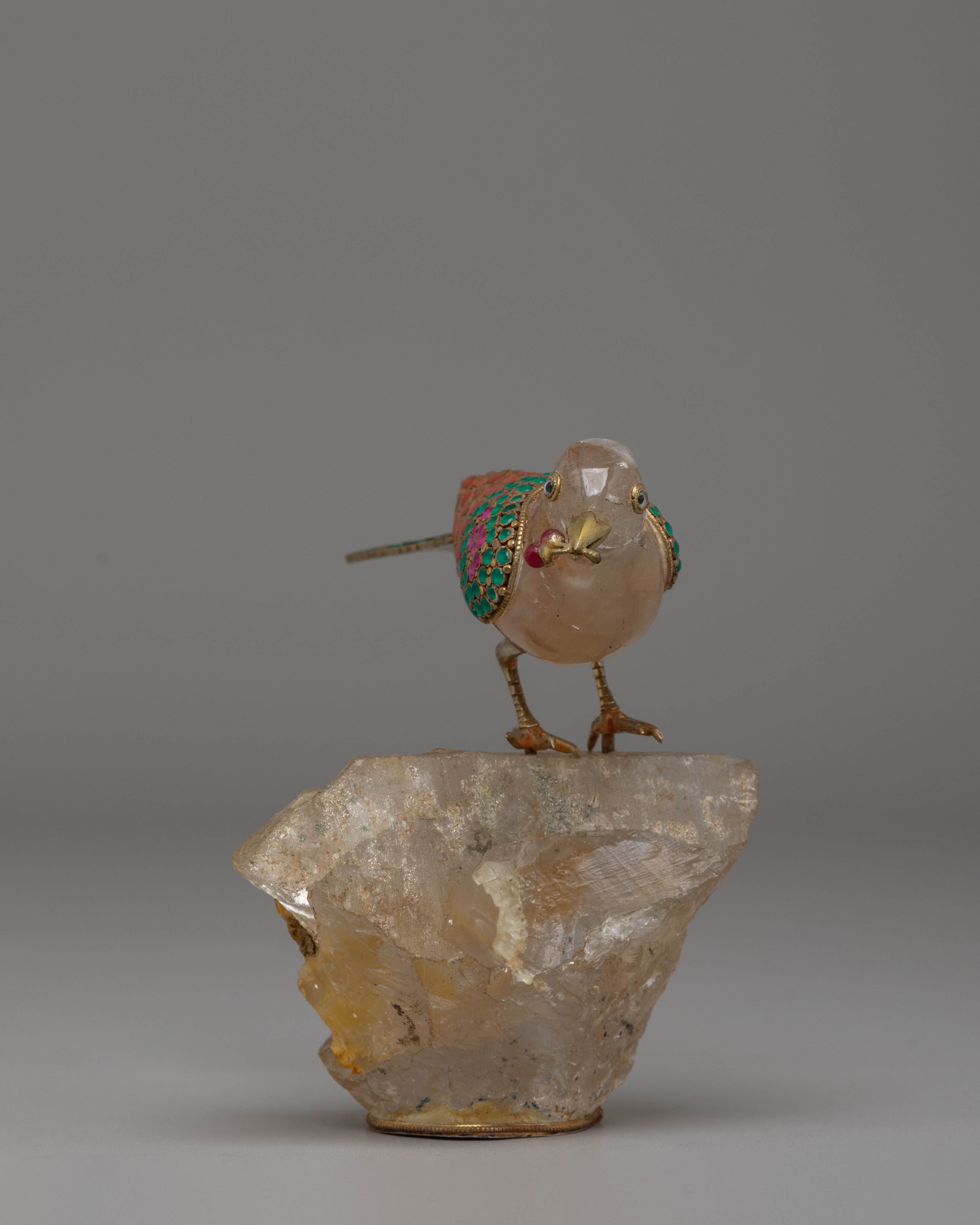 Handcrafted Bird Sculpture | Amethyst Crystal & Gold Plated Copper Decor
