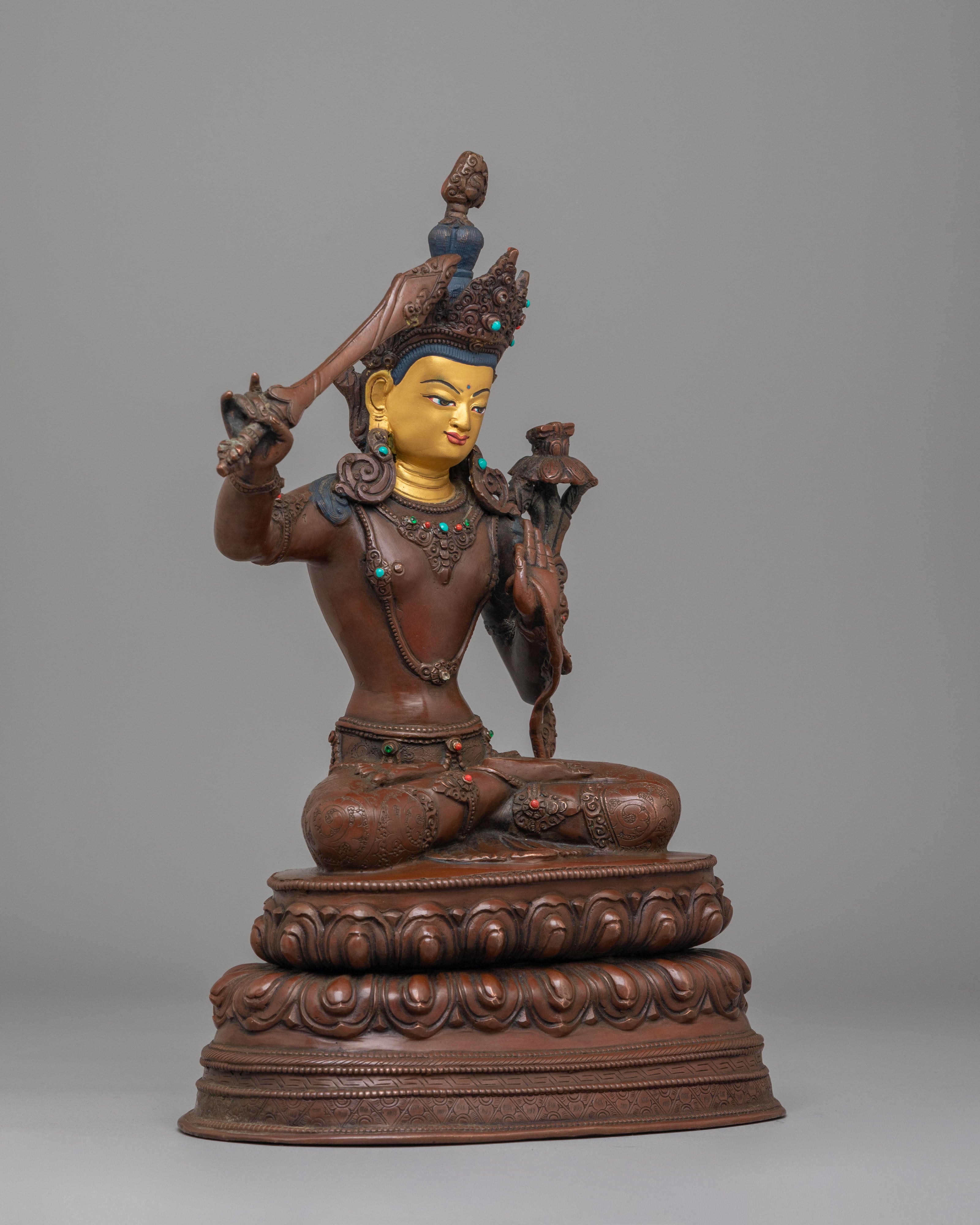 Tibetan Altar Manjushri Statue | Copper Body with 24K Gold Plating
