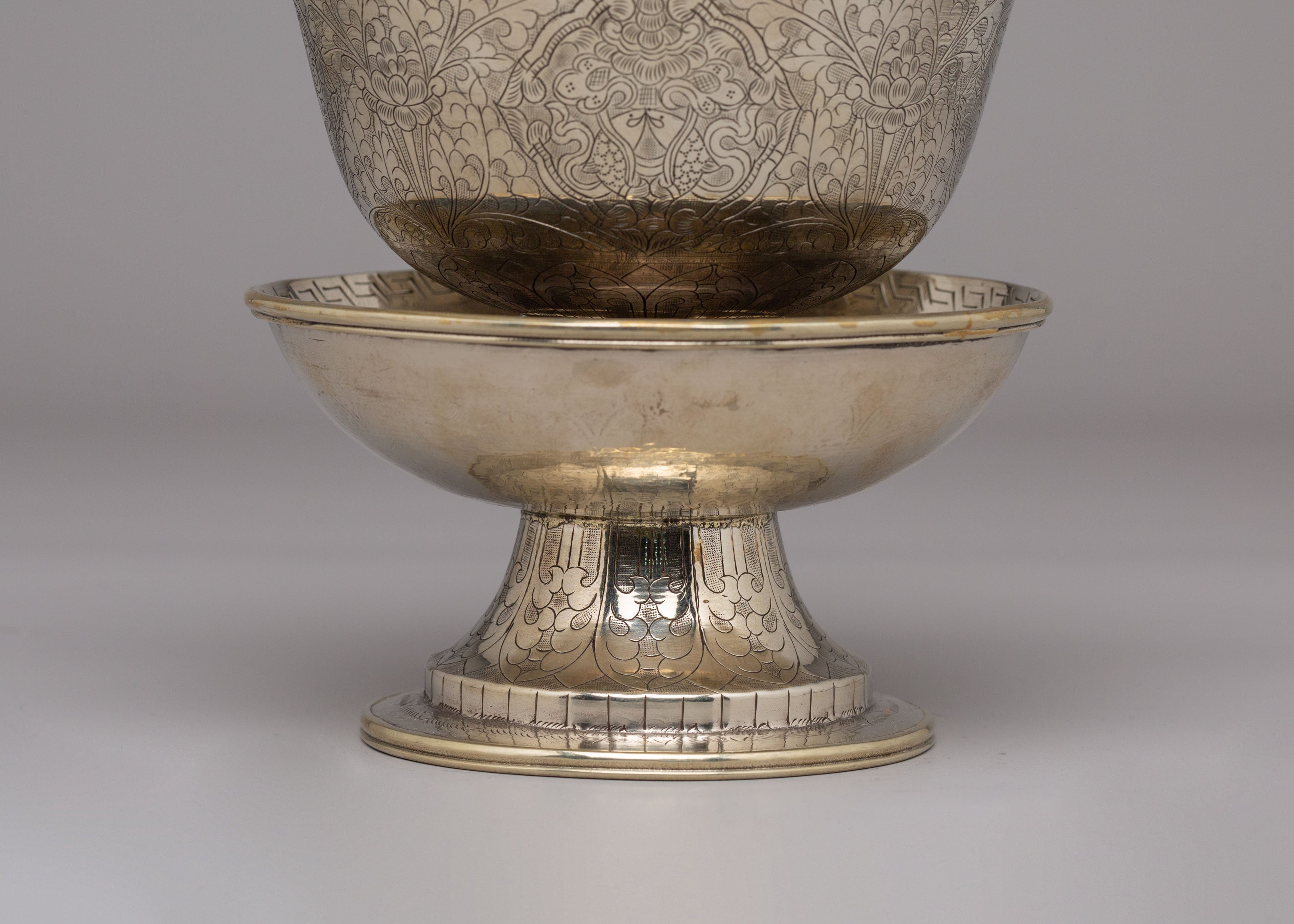 Tibetan Ritual Tea Cup Set | White Metal Ritual Cups for Altar Decor