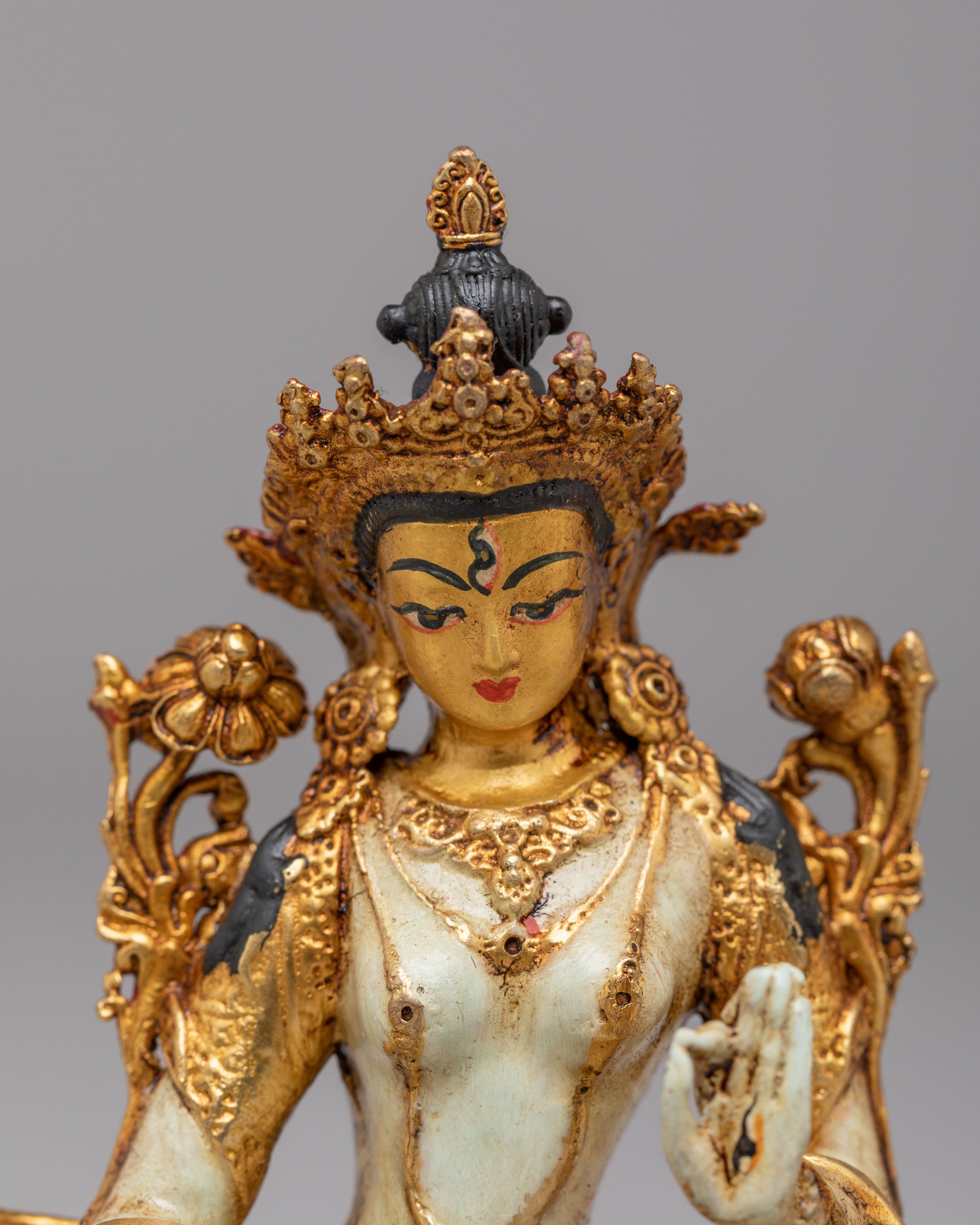Sacred White Tara Goddess Statue | 24K Gold Plated Buddhist Healing Decor