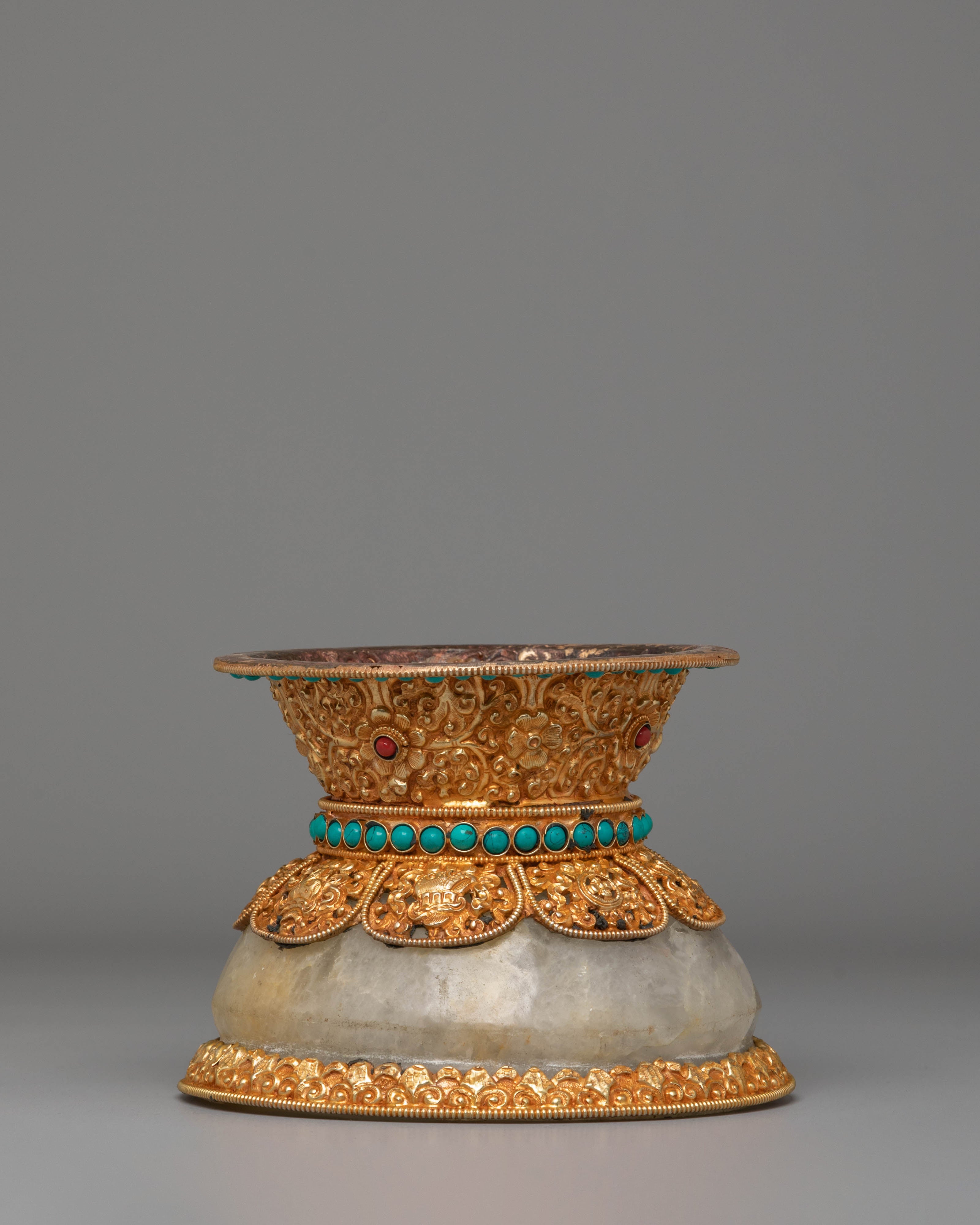 Sacred Tibetan Handcrafted Rice Pot | Electro Gold-Plated with Coral & Turquoise