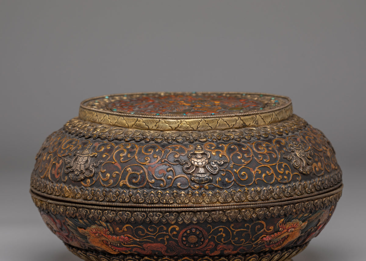 Handcrafted Tibetan Decorative Pot | Dragon and Double Dorje Artwork