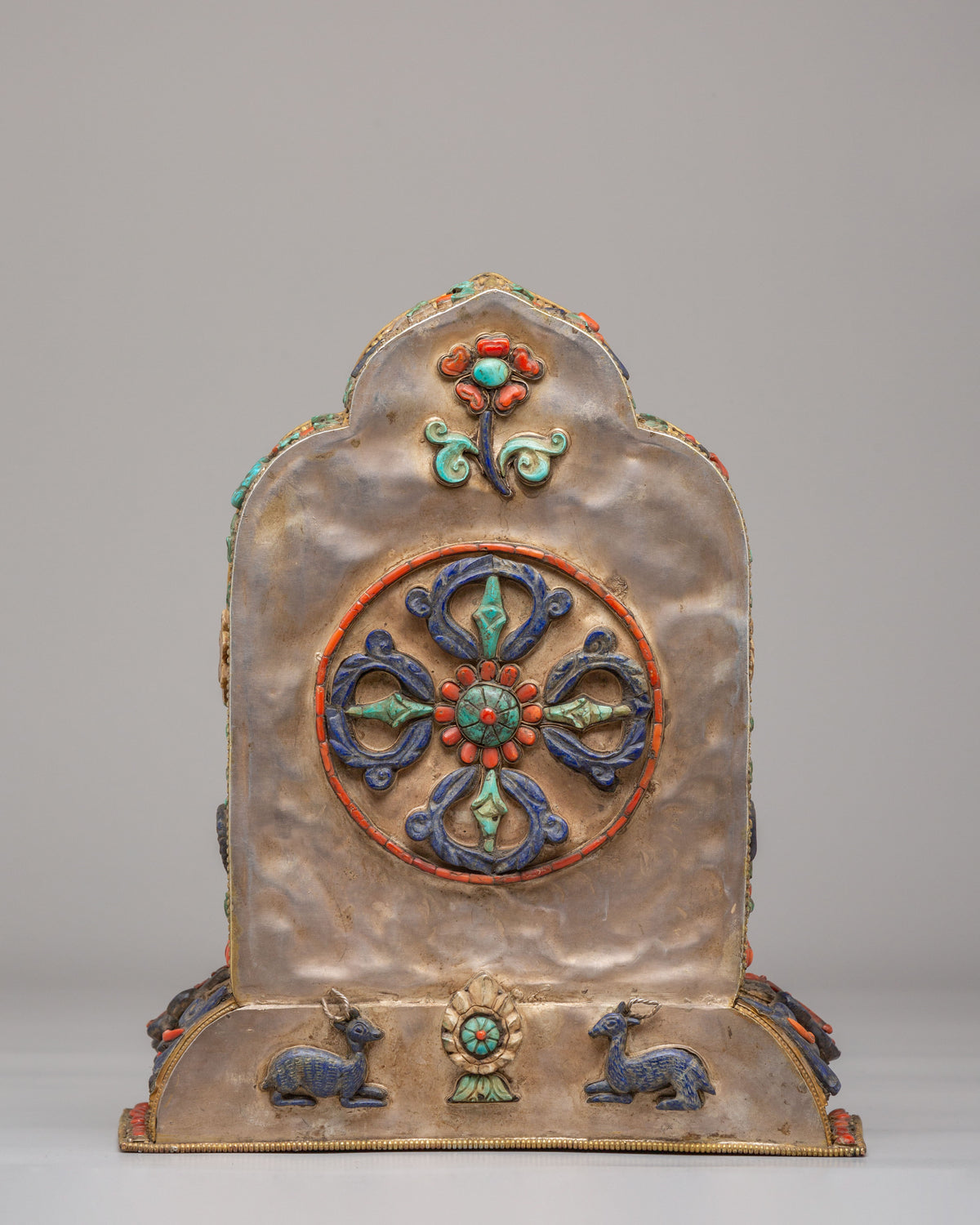 Buddhist Ghau Box with Deity Carvings | Silver Sacred Shrine
