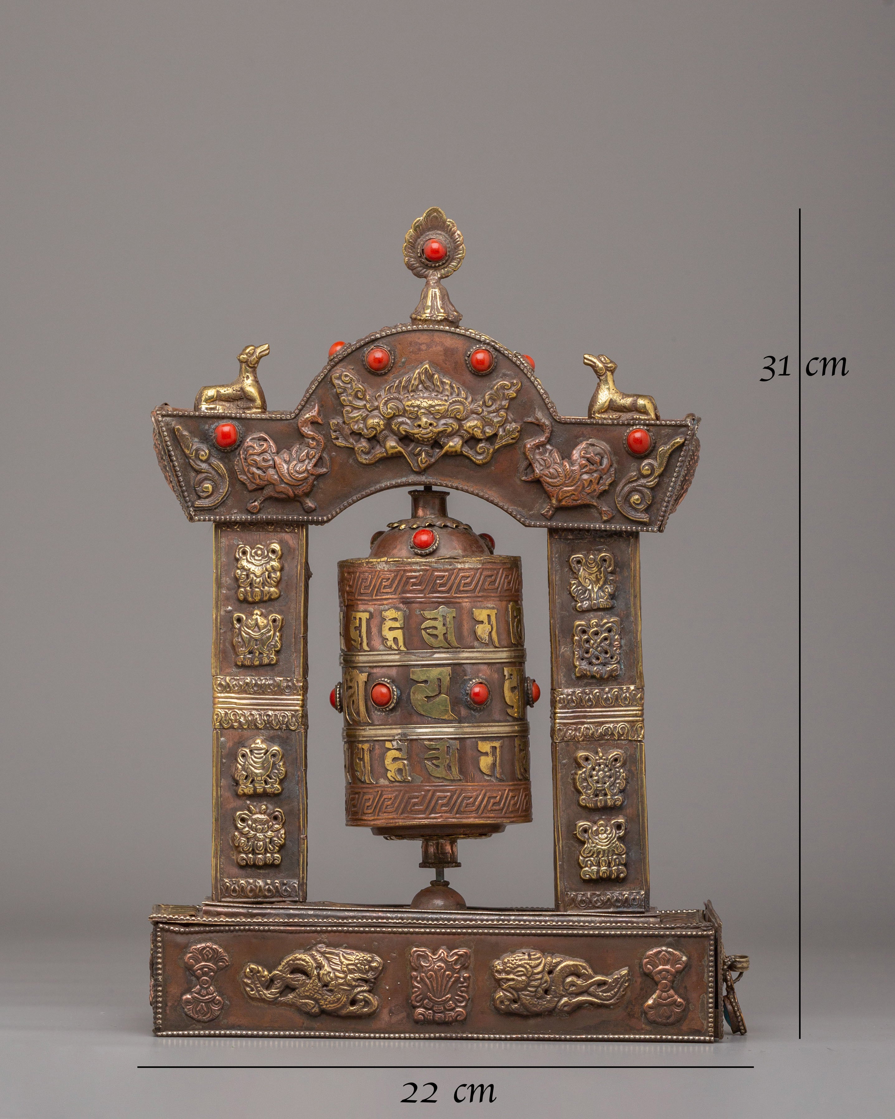 Traditional Mantra Prayer Wheel | Tibetan Copper Body with Gemstones