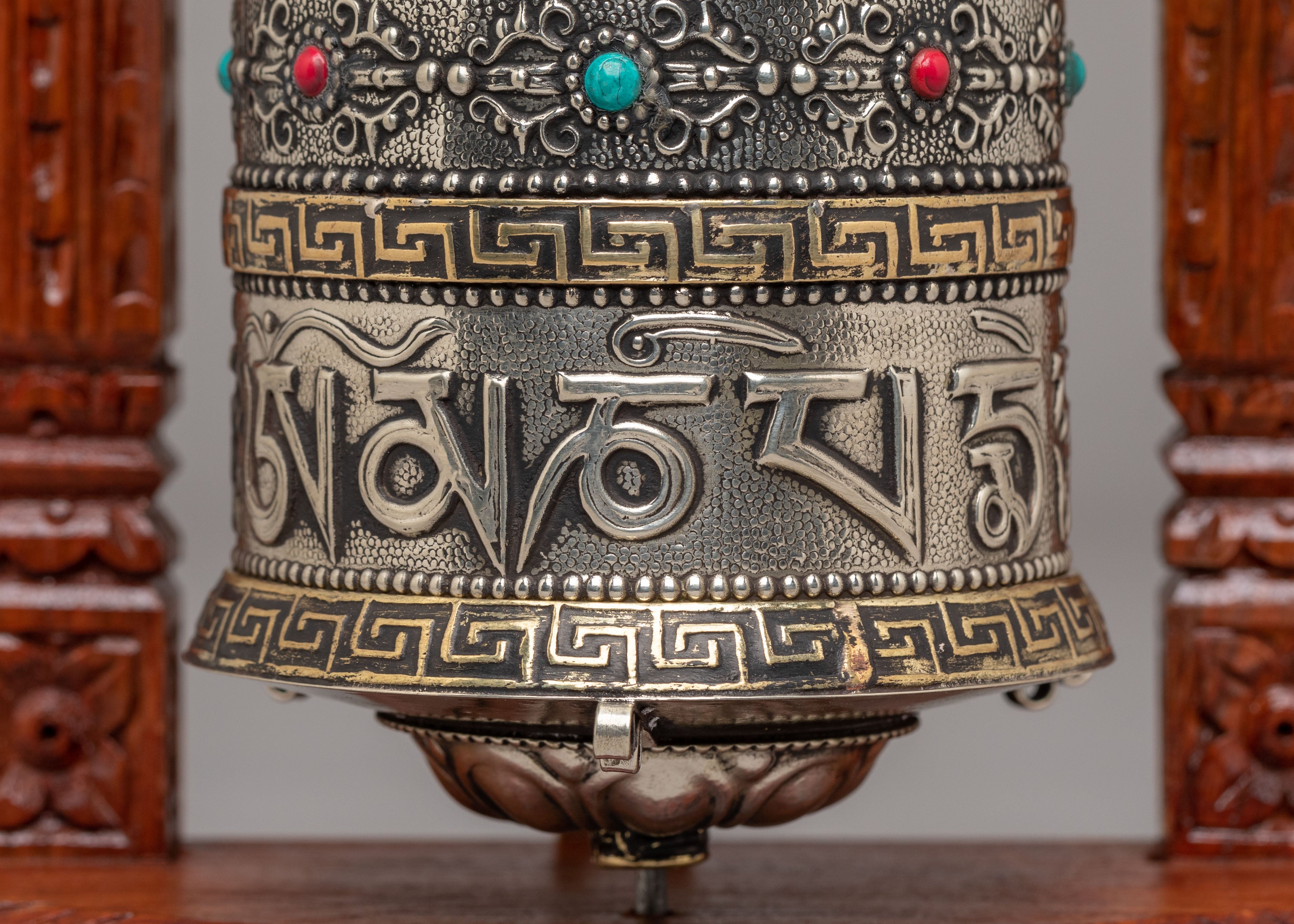 Decorative Prayer Wheel With Stand | Handcrafted Mantra Spinning Wheel