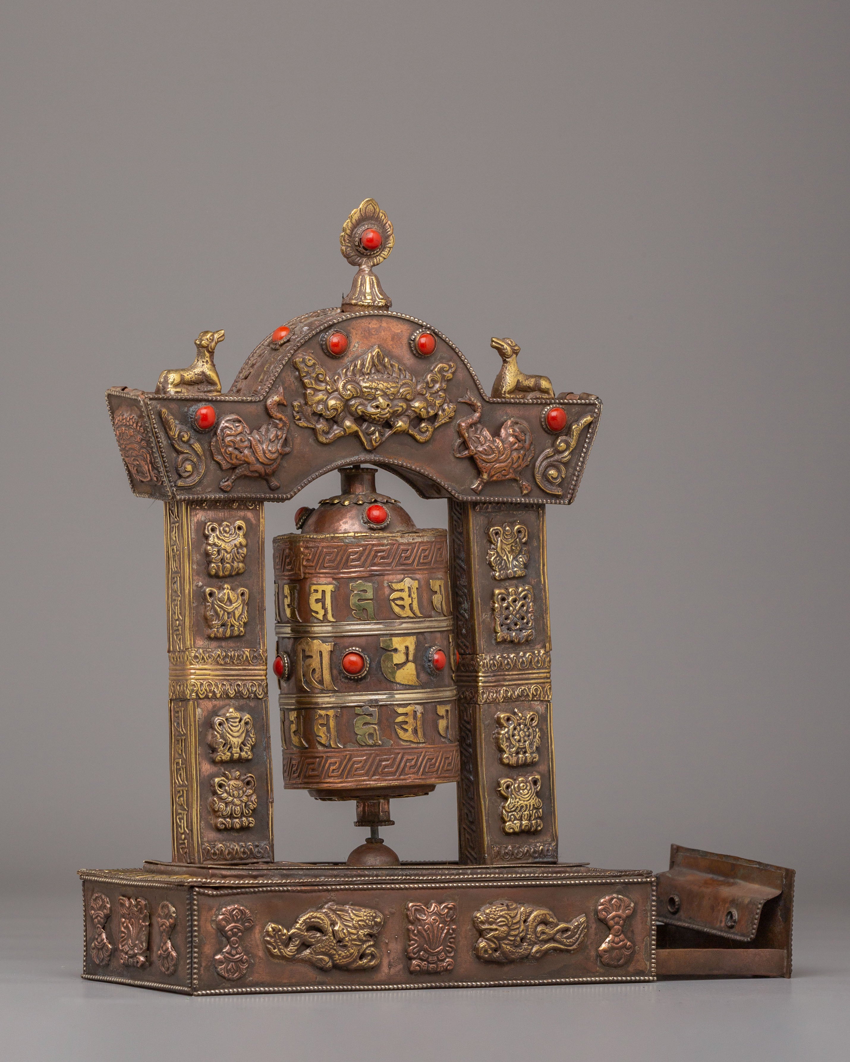 Traditional Mantra Prayer Wheel | Tibetan Copper Body with Gemstones