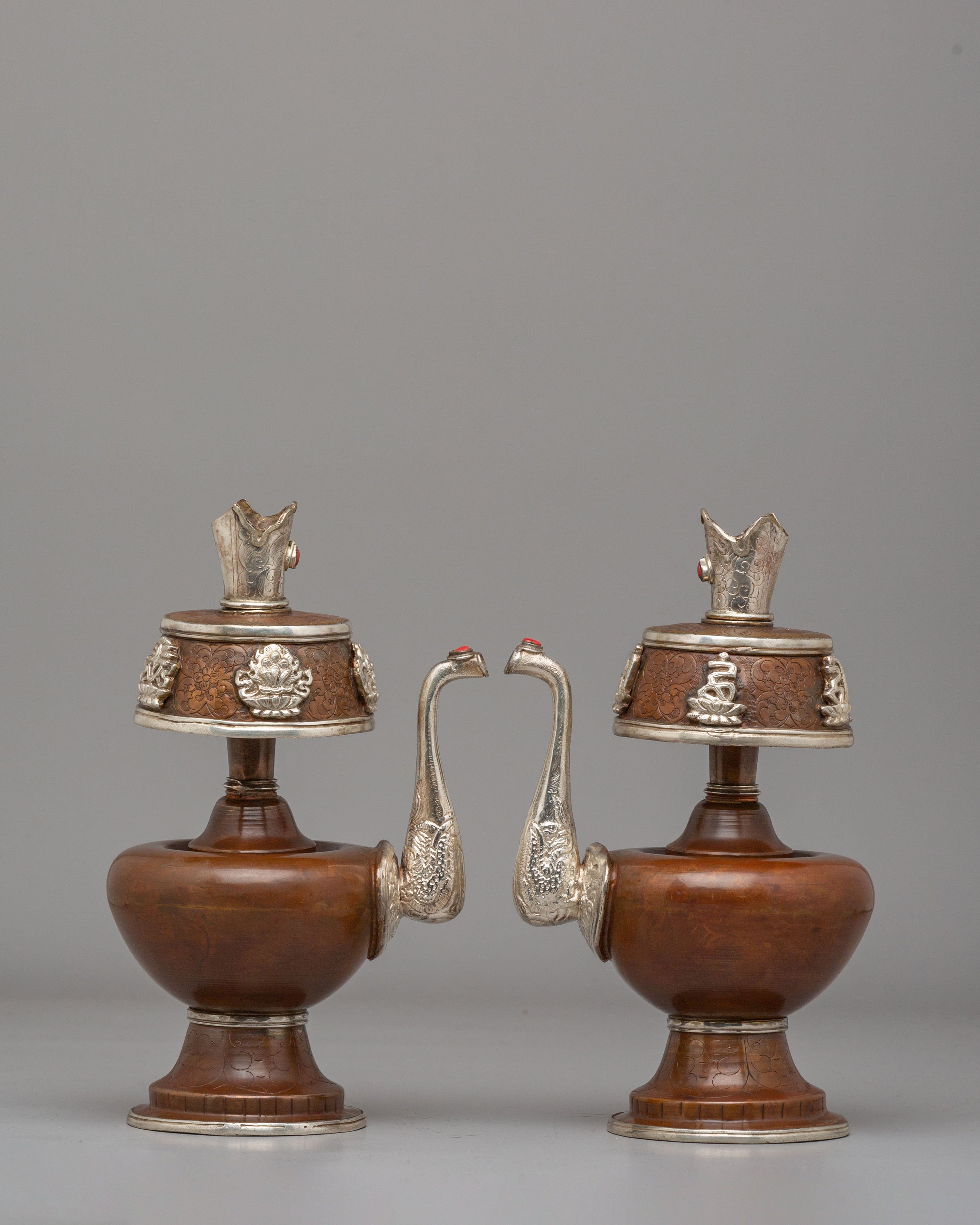 Spiritual Ceremonial Bhumba Pair | Tibetan Ritual Copper Silver Vessels