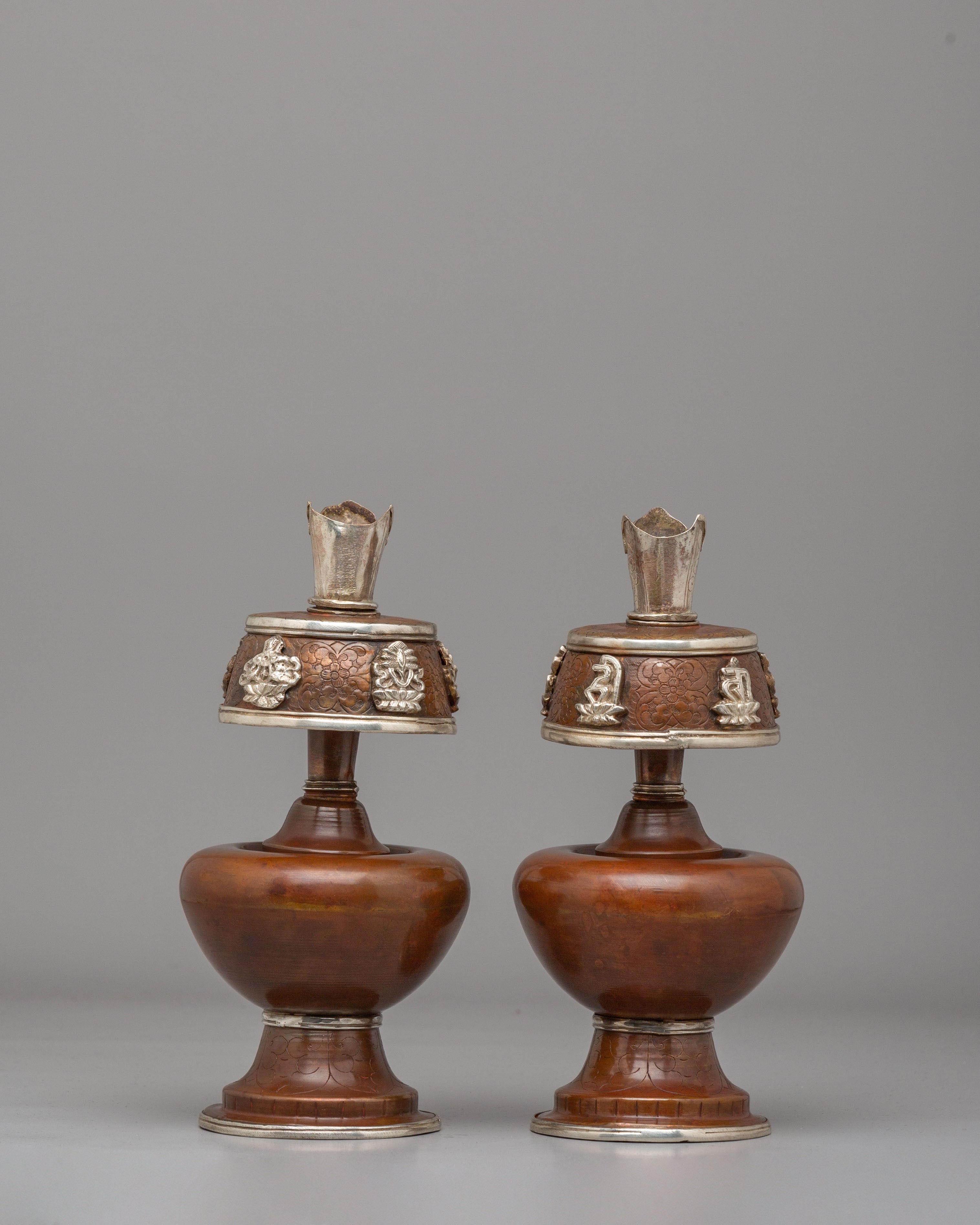 Spiritual Ceremonial Bhumba Pair | Tibetan Ritual Copper Silver Vessels