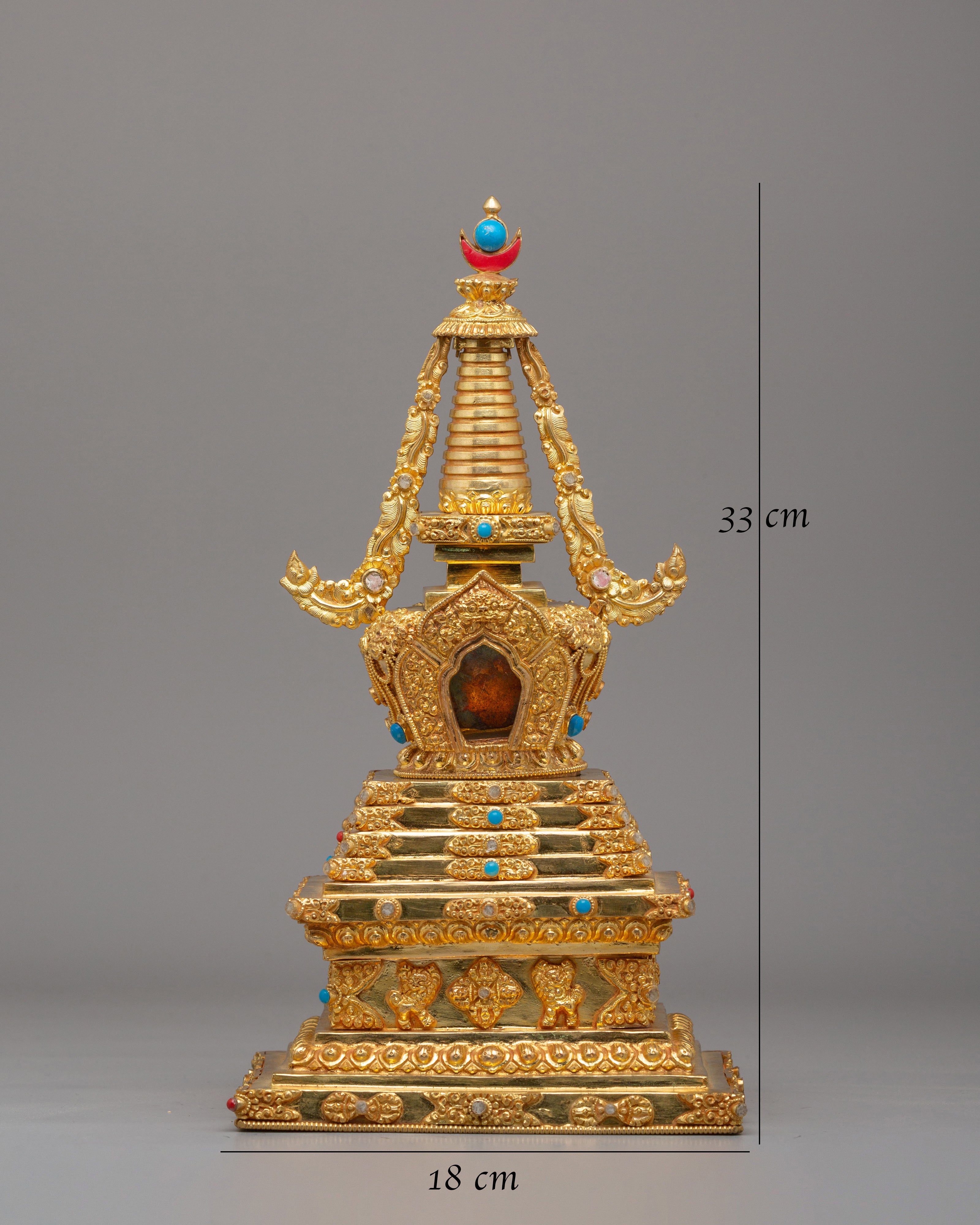 Gold Plated Altar Enlightenment Stupa | Handcrafted Tibetan Buddhist Shrine