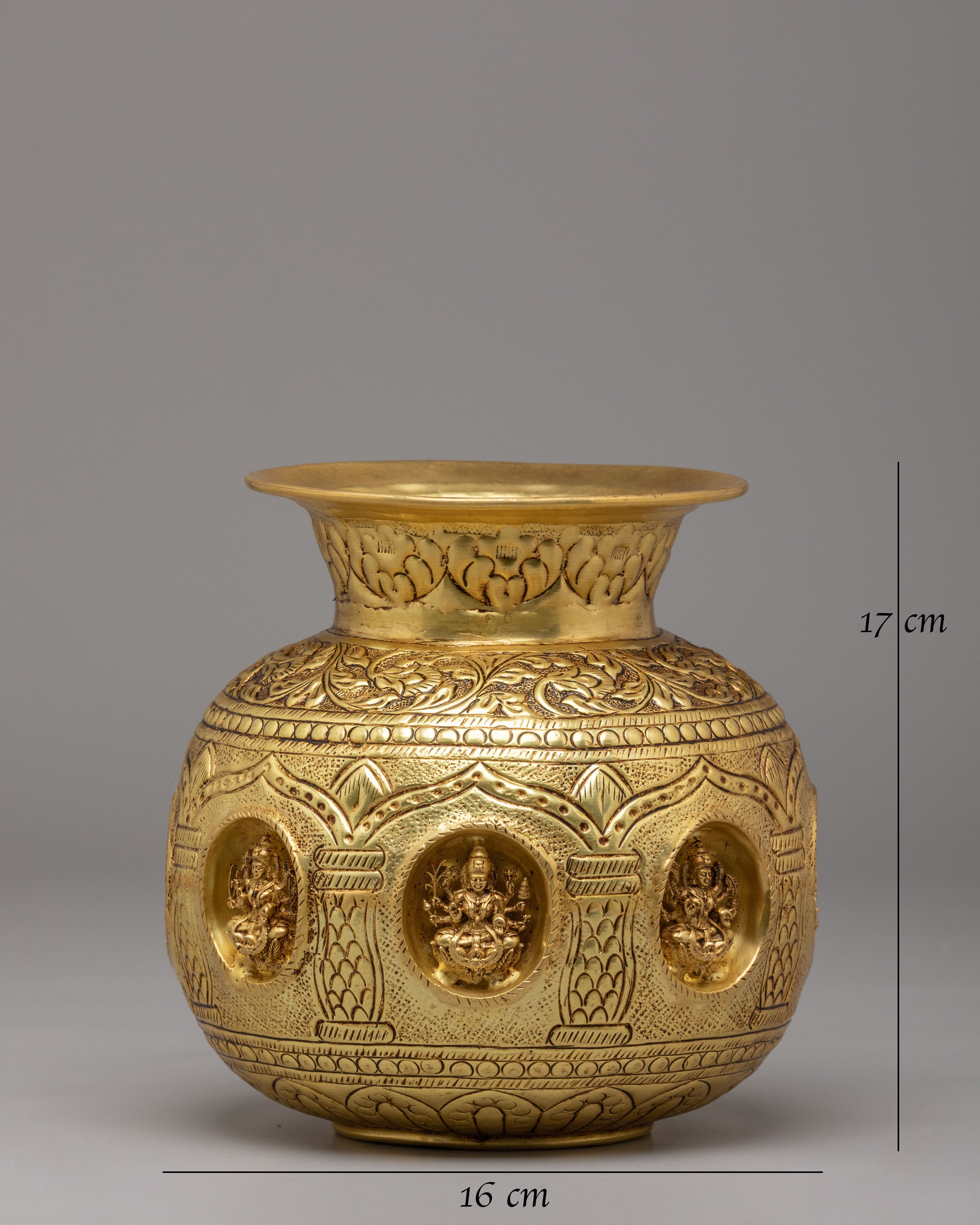 Deities Carved Kalash | Brass Sacred Vessel | Handcrafted Altar Ornament