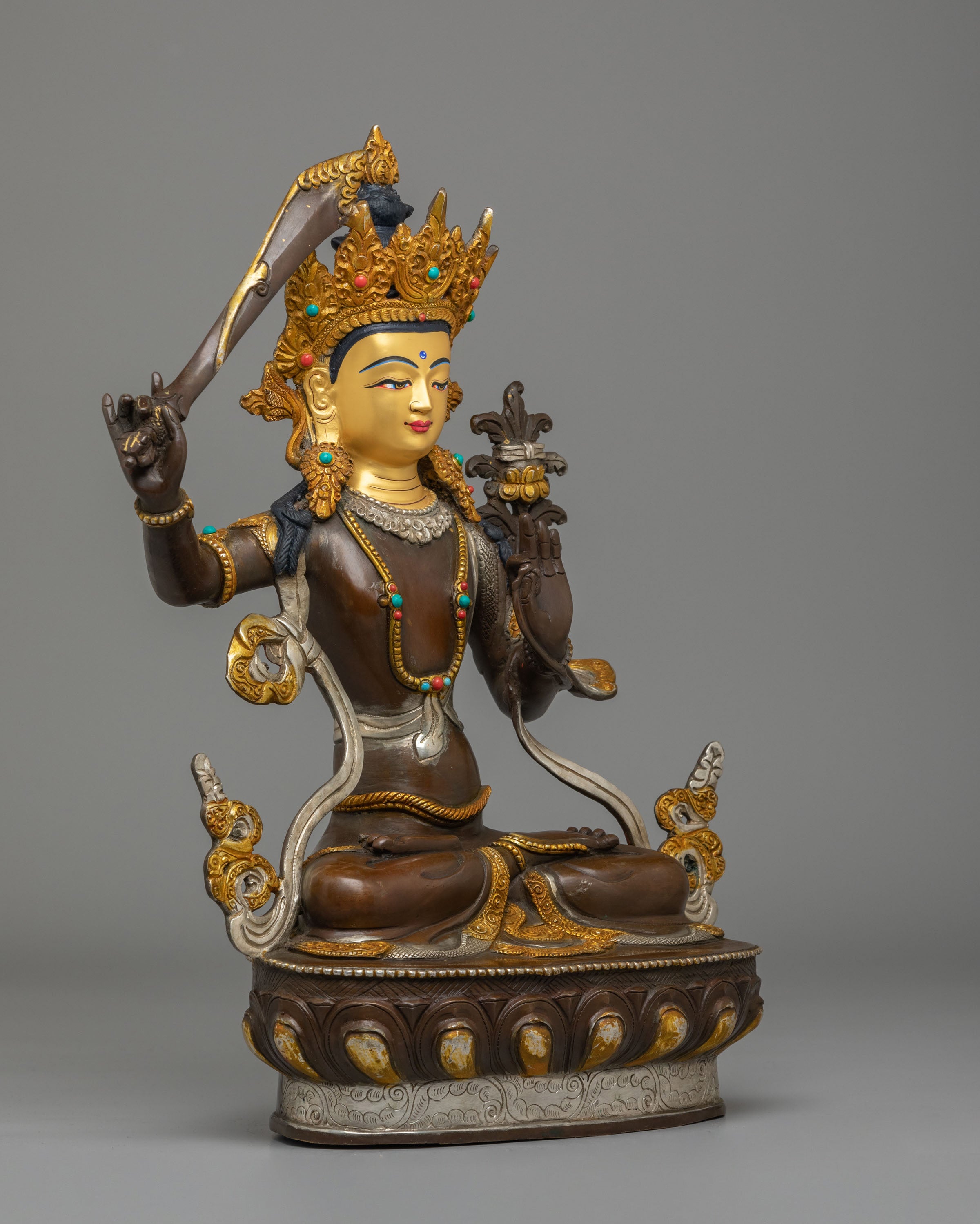 Tibetan Manjushri Sculpture | Gold Plated Buddhist Art